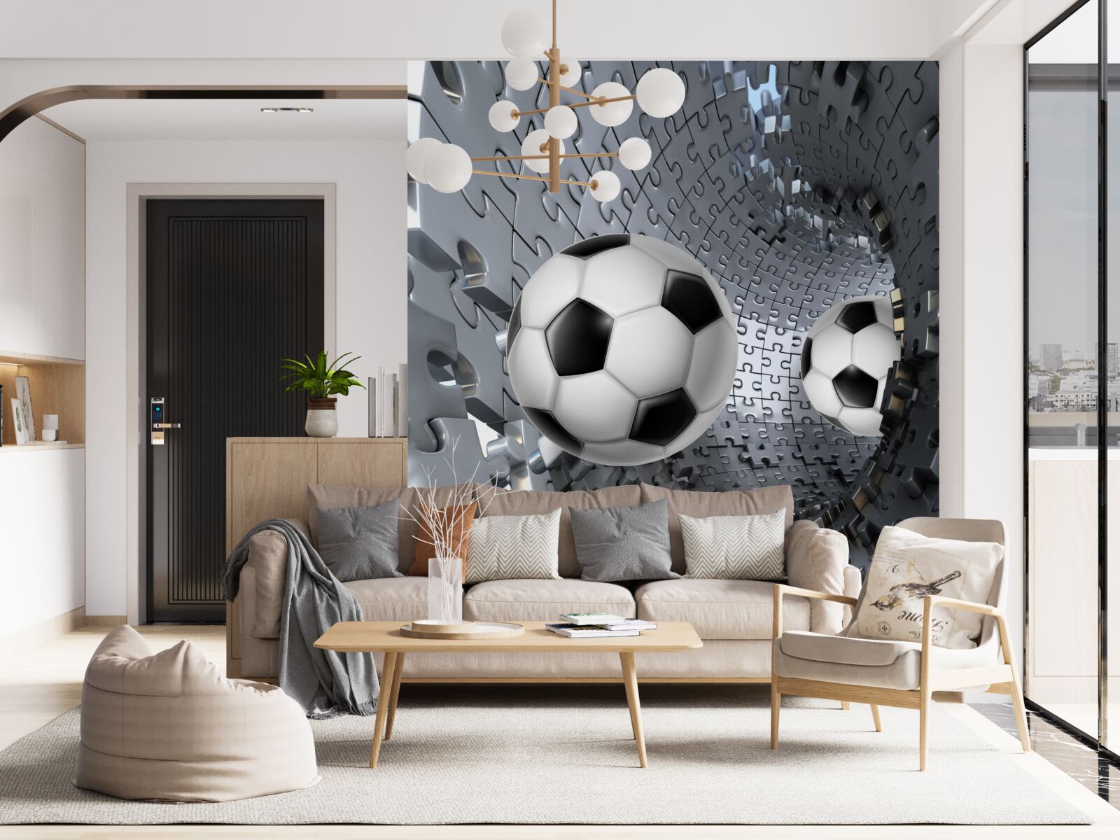 Papier peint des fragments de la mosaïque de vortex entourent un ballon de football