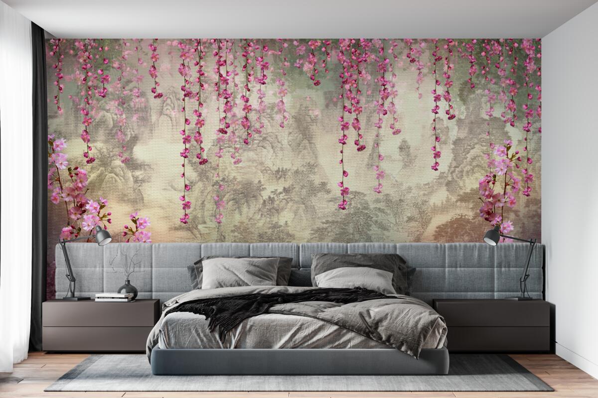 Papier peint fleurs roses tombant dans l'eau de haut en bas
