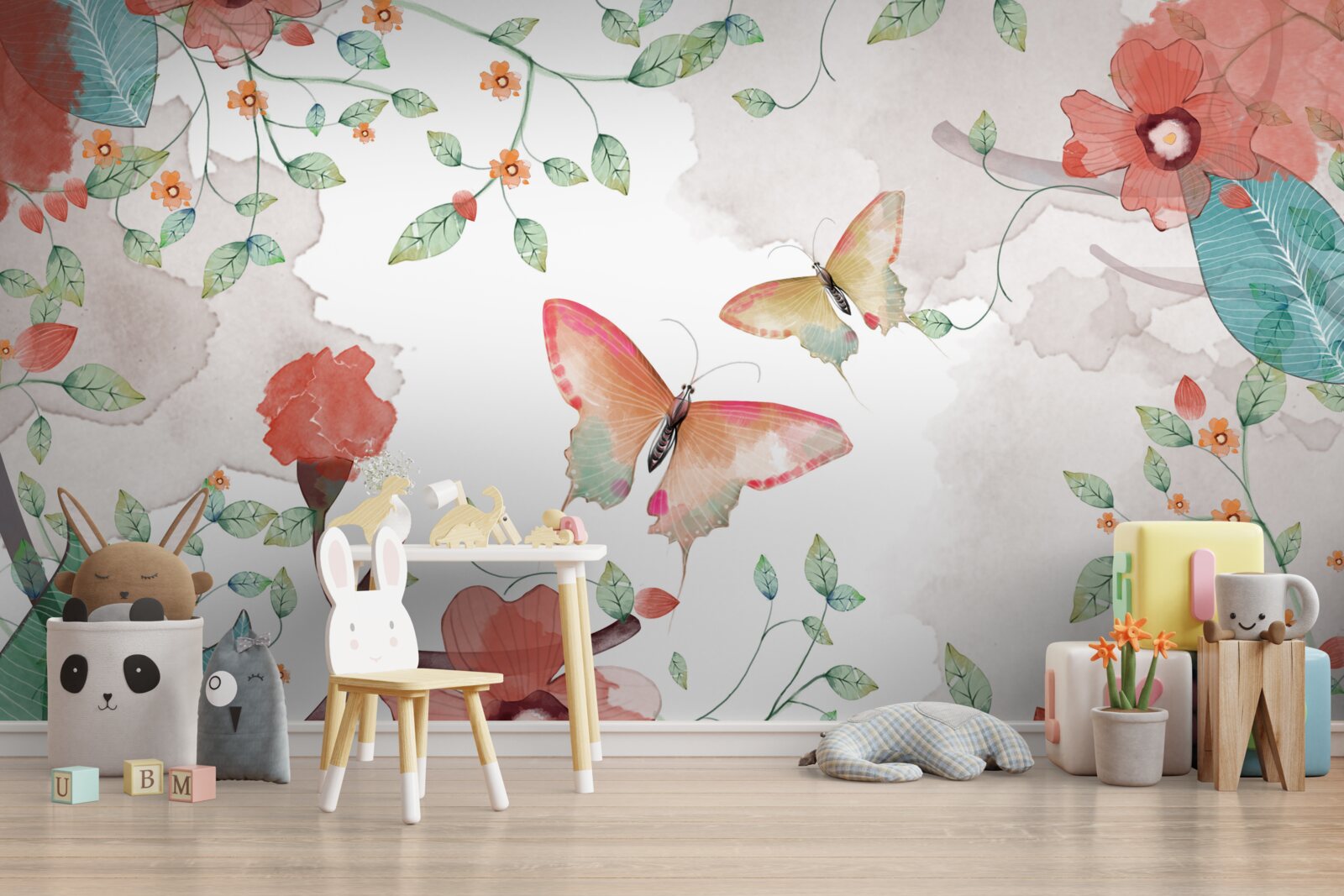 Papier peint fleurs et papillons peints à l'aquarelle