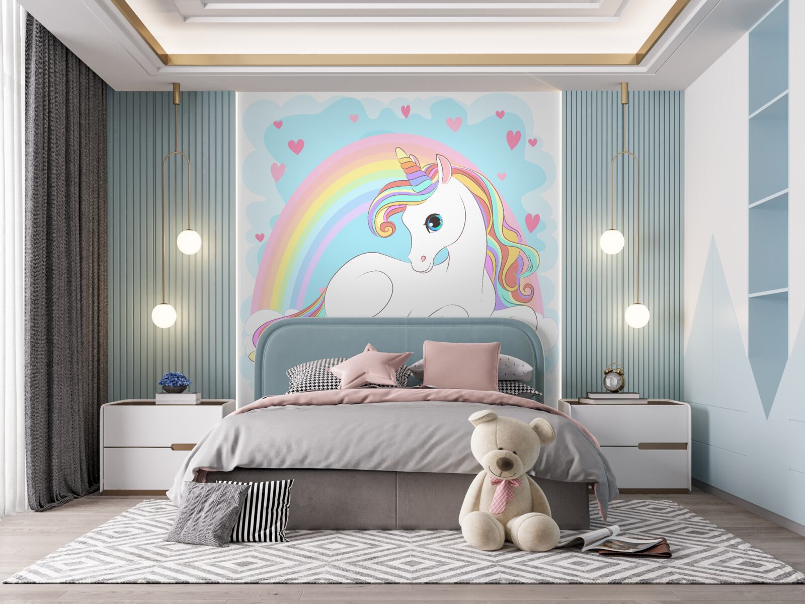 Papier peint licorne sur fond d'arc-en-ciel