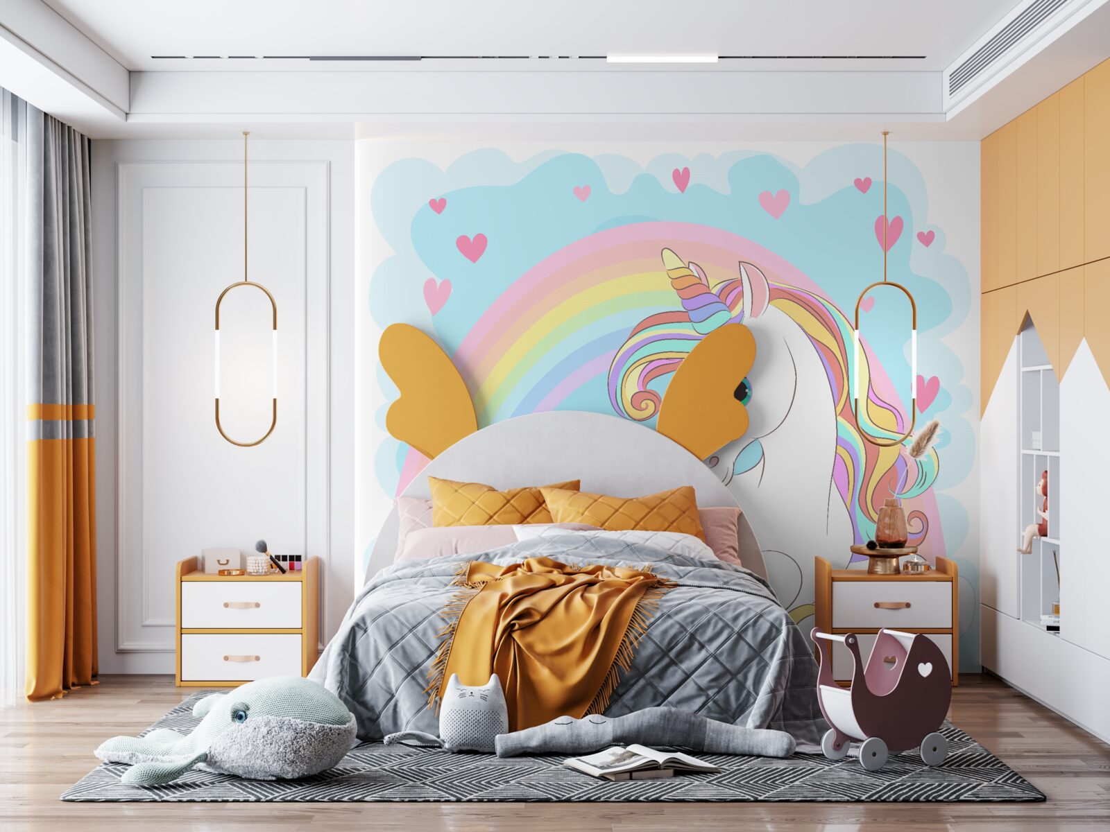 Papier peint licorne sur fond d'arc-en-ciel