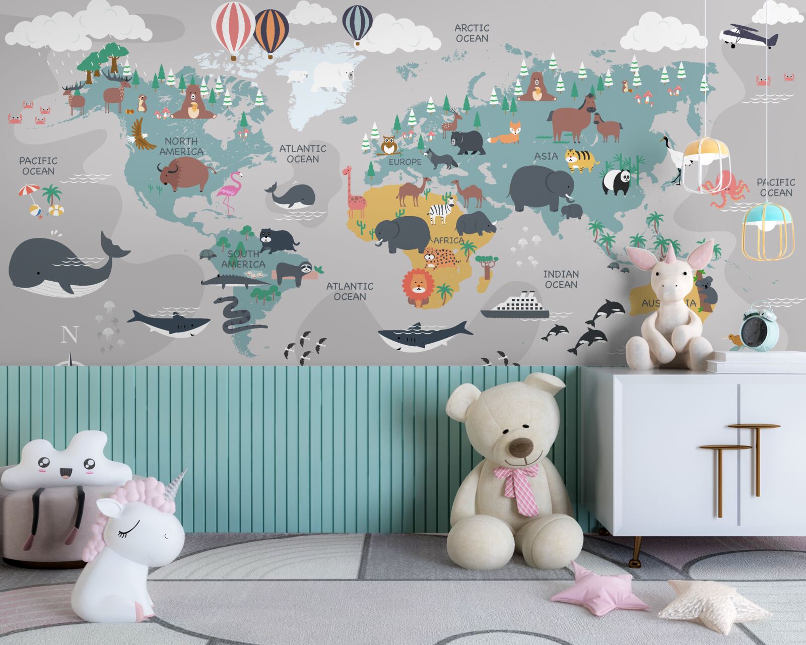 Papier peint carte du monde sur fond gris