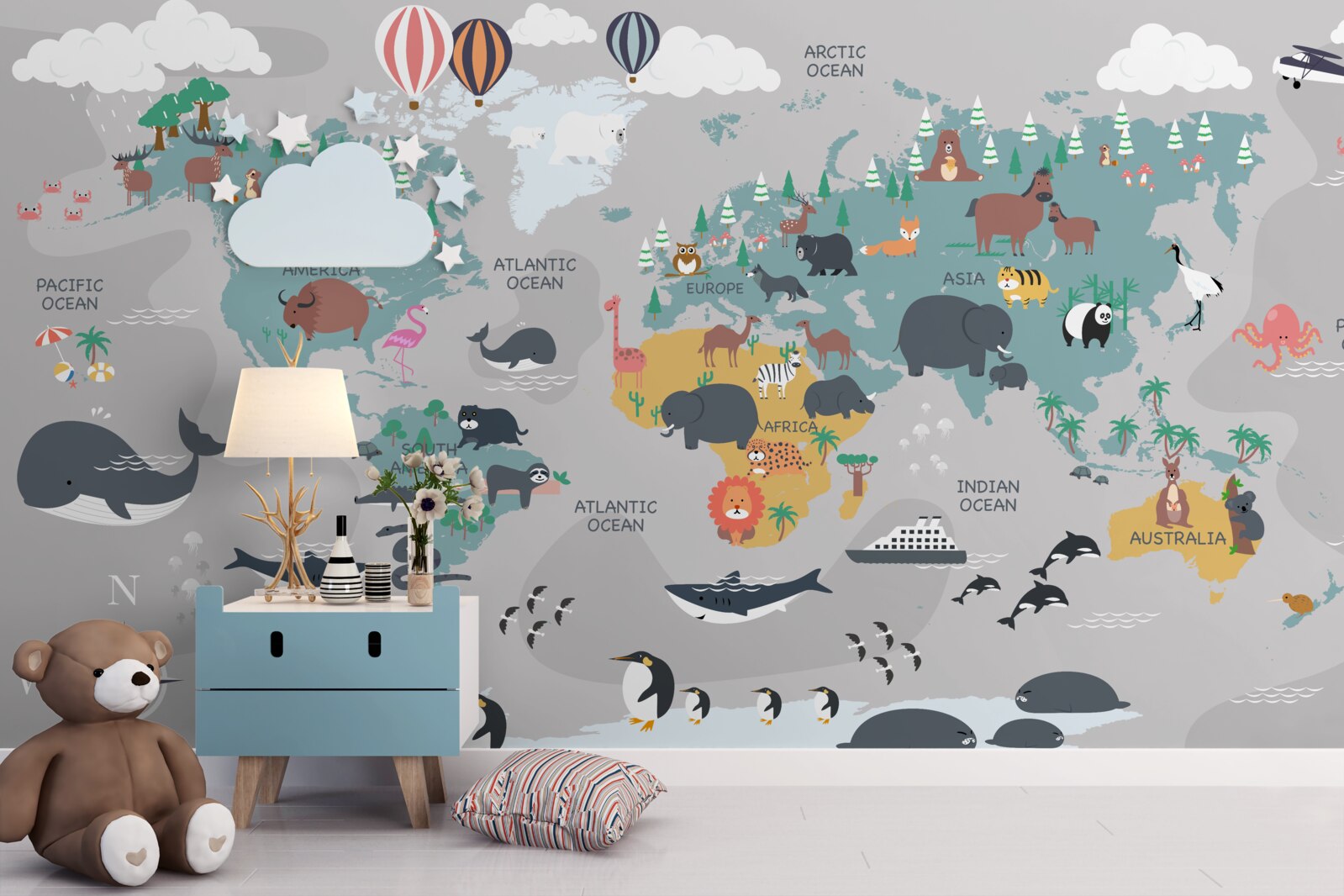 Papier peint carte du monde sur fond gris