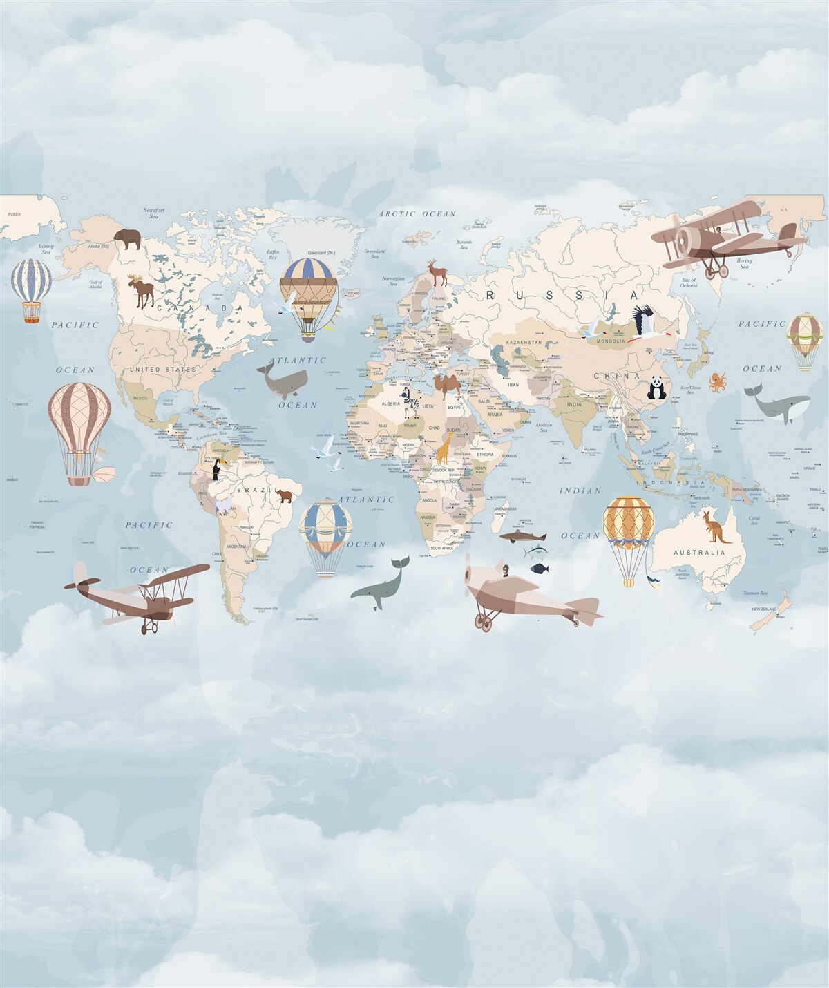 Papier peint carte du monde sur fond de ciel nuageux