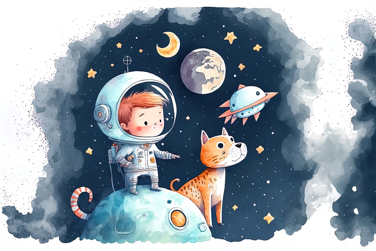 Papier peint garçon avec chien dans l'espace