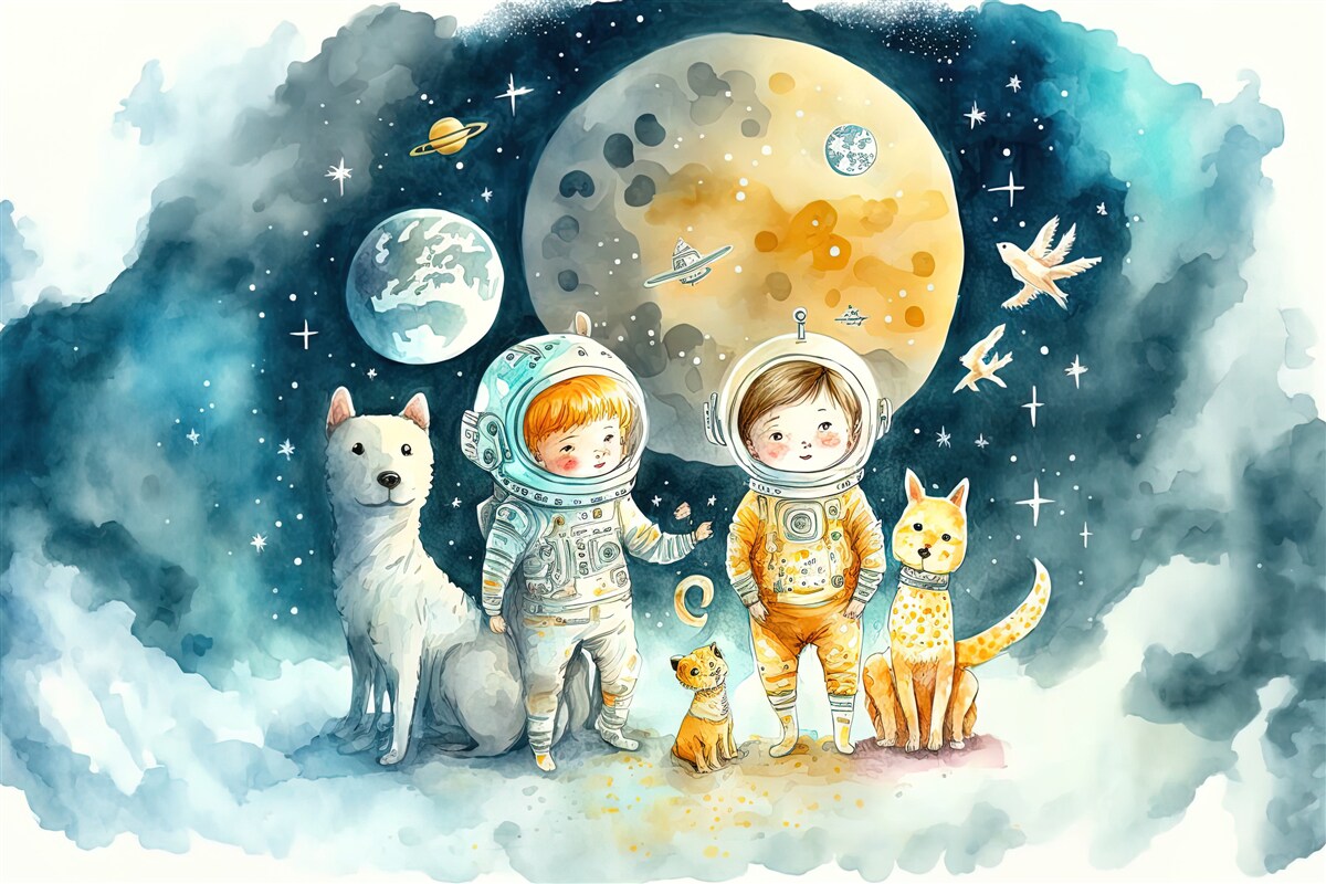 Papier peint enfants dans l'espace avec des animaux