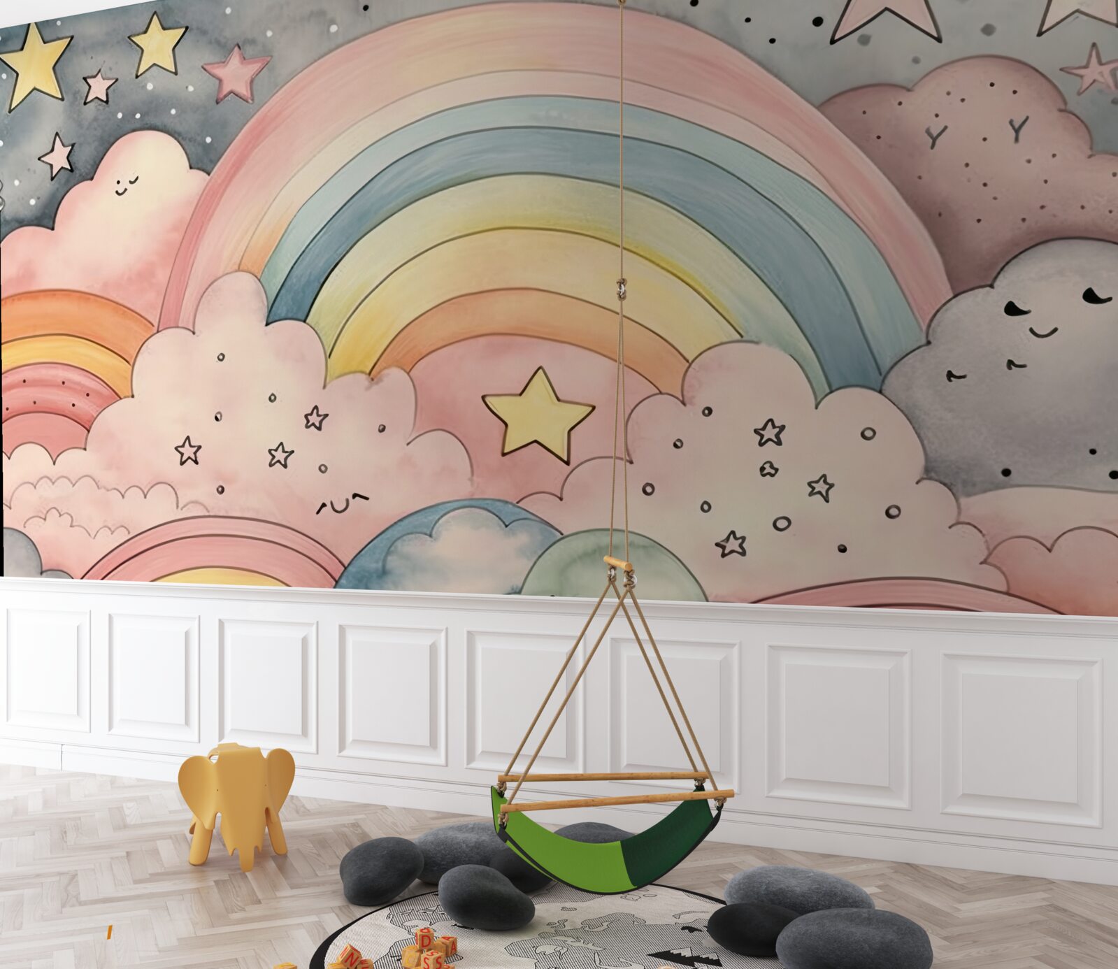 Papier peint étoiles et arcs-en-ciel parmi les nuages