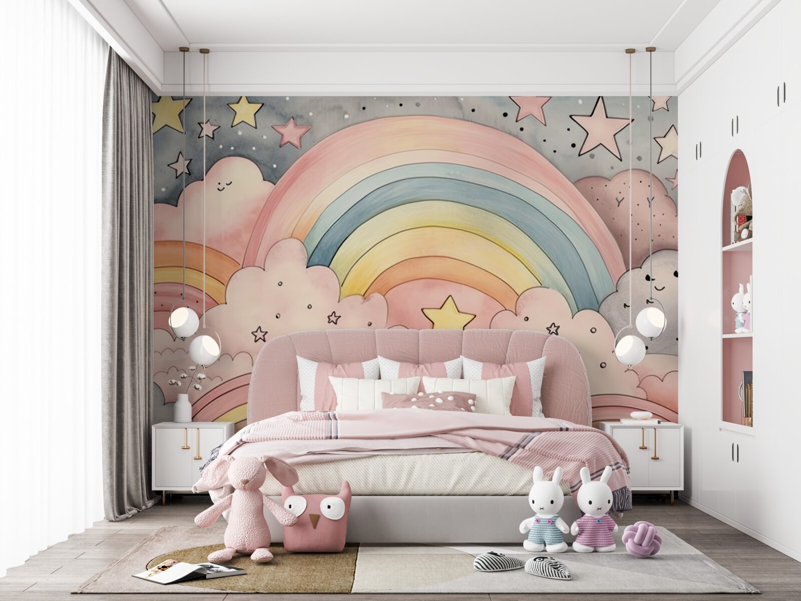 Papier peint étoiles et arcs-en-ciel parmi les nuages