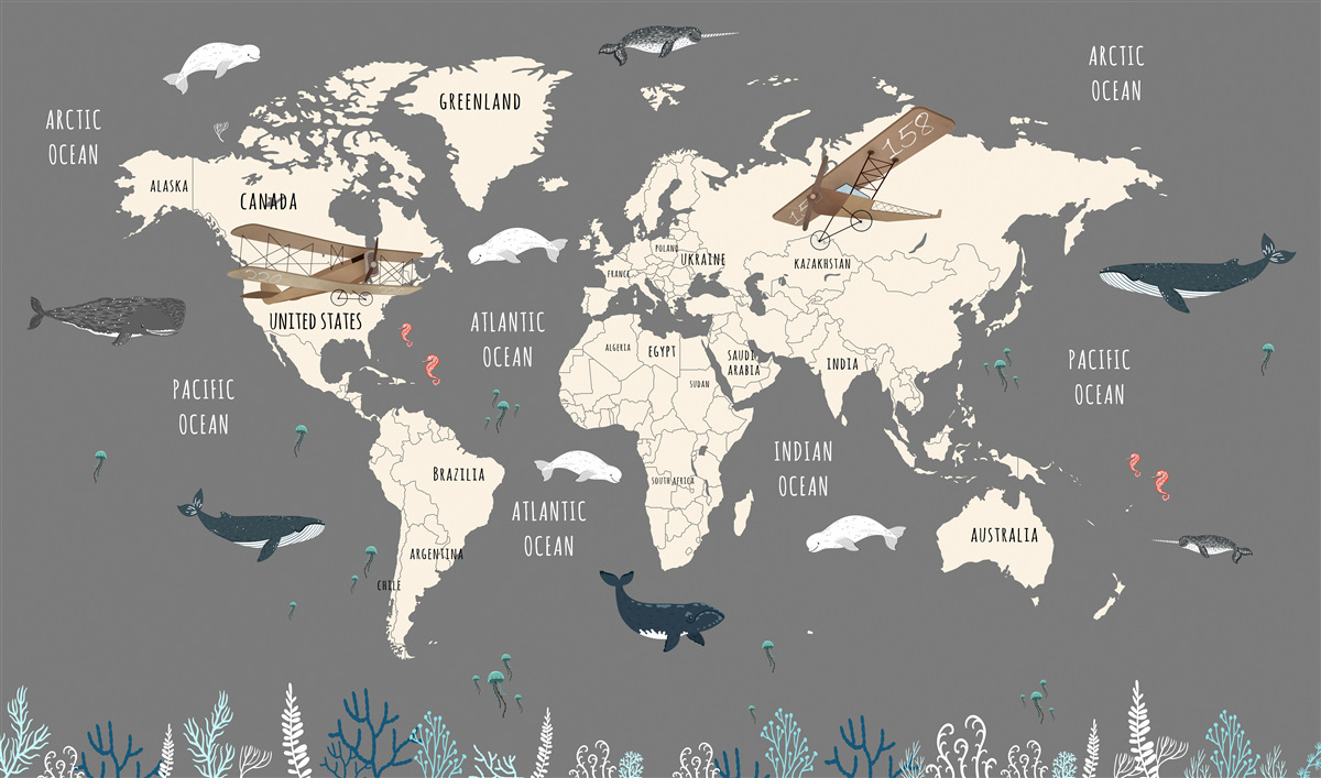 Papier peint carte du monde avec la vie marine