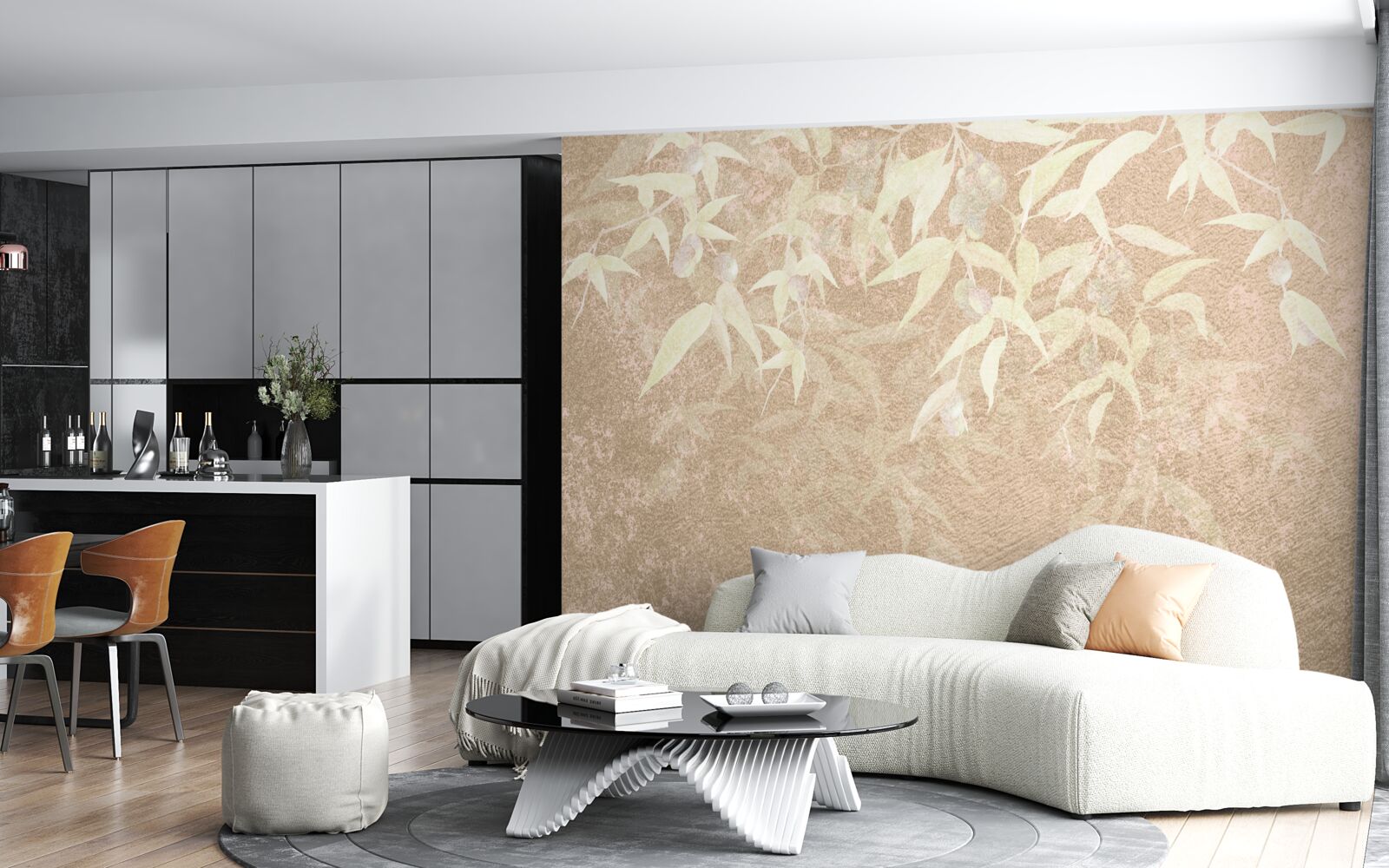 Papier peint fond brun décoré de feuilles
