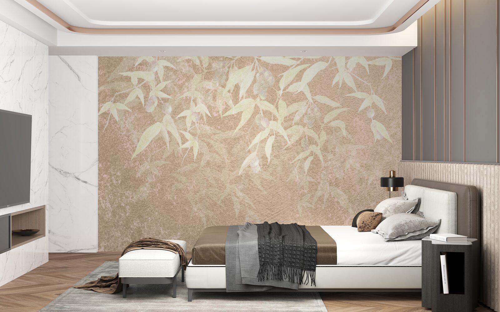 Papier peint fond brun décoré de feuilles