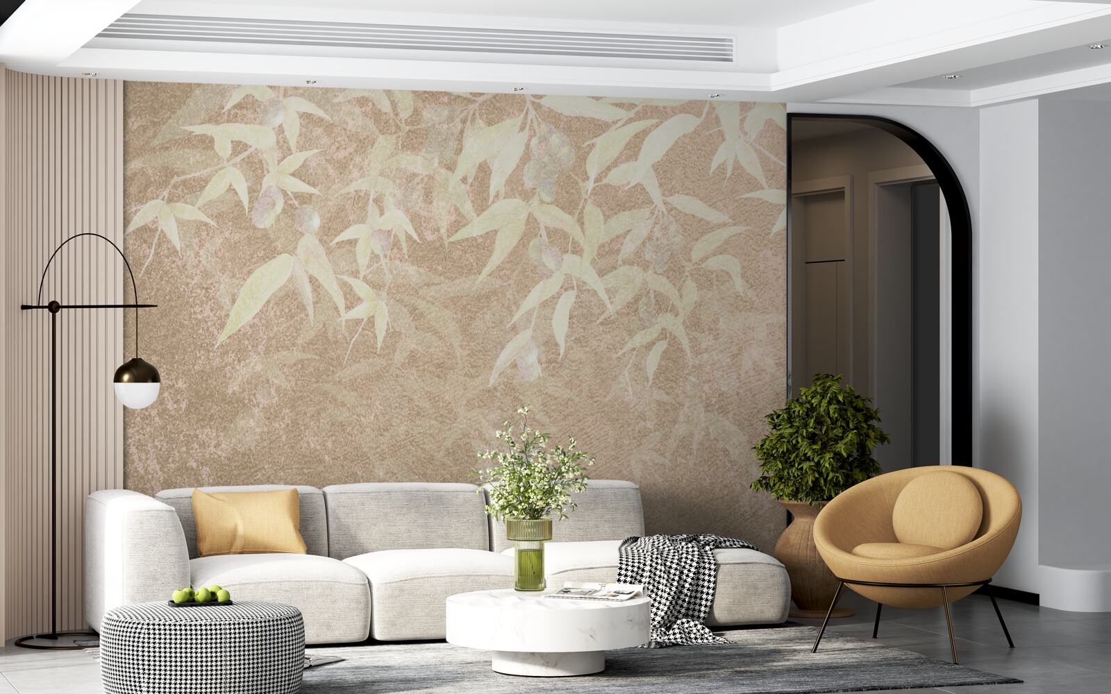 Papier peint fond brun décoré de feuilles