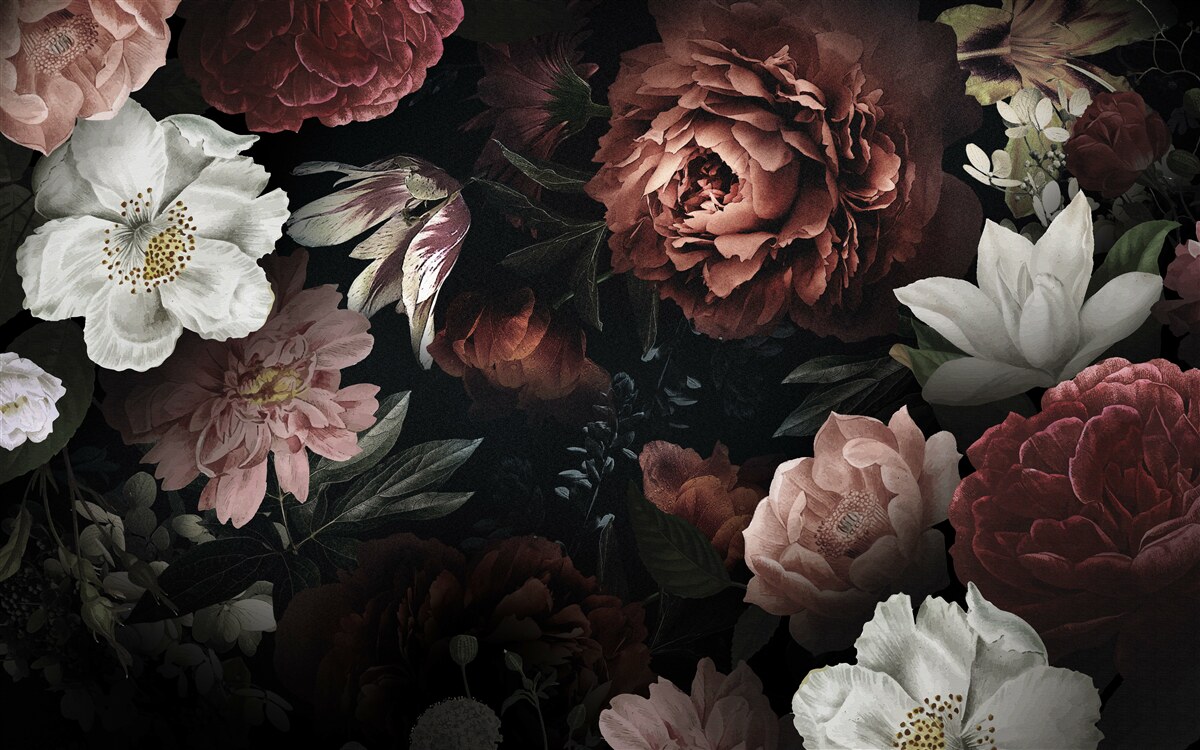 Papier peint fleurs de différentes teintes sur fond noir