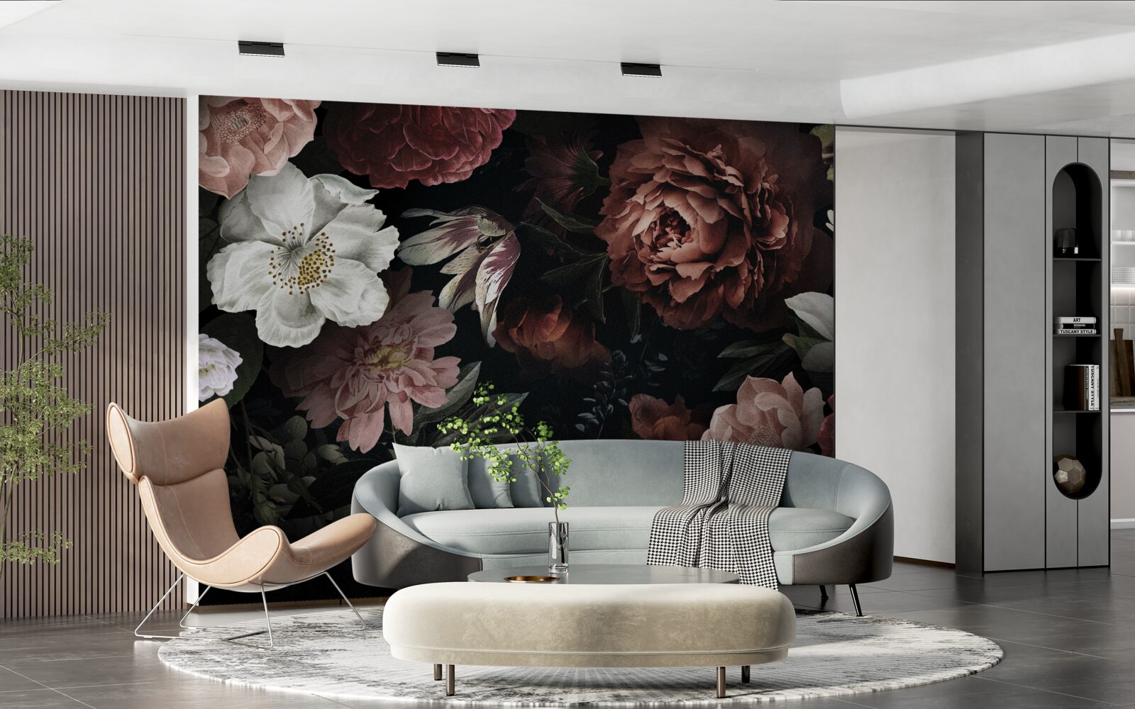 Papier peint fleurs de différentes teintes sur fond noir
