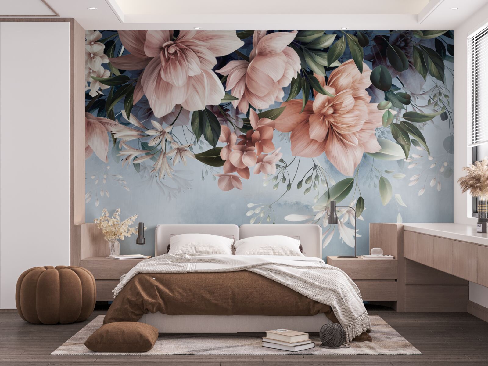 Papier peint fleurs roses automne