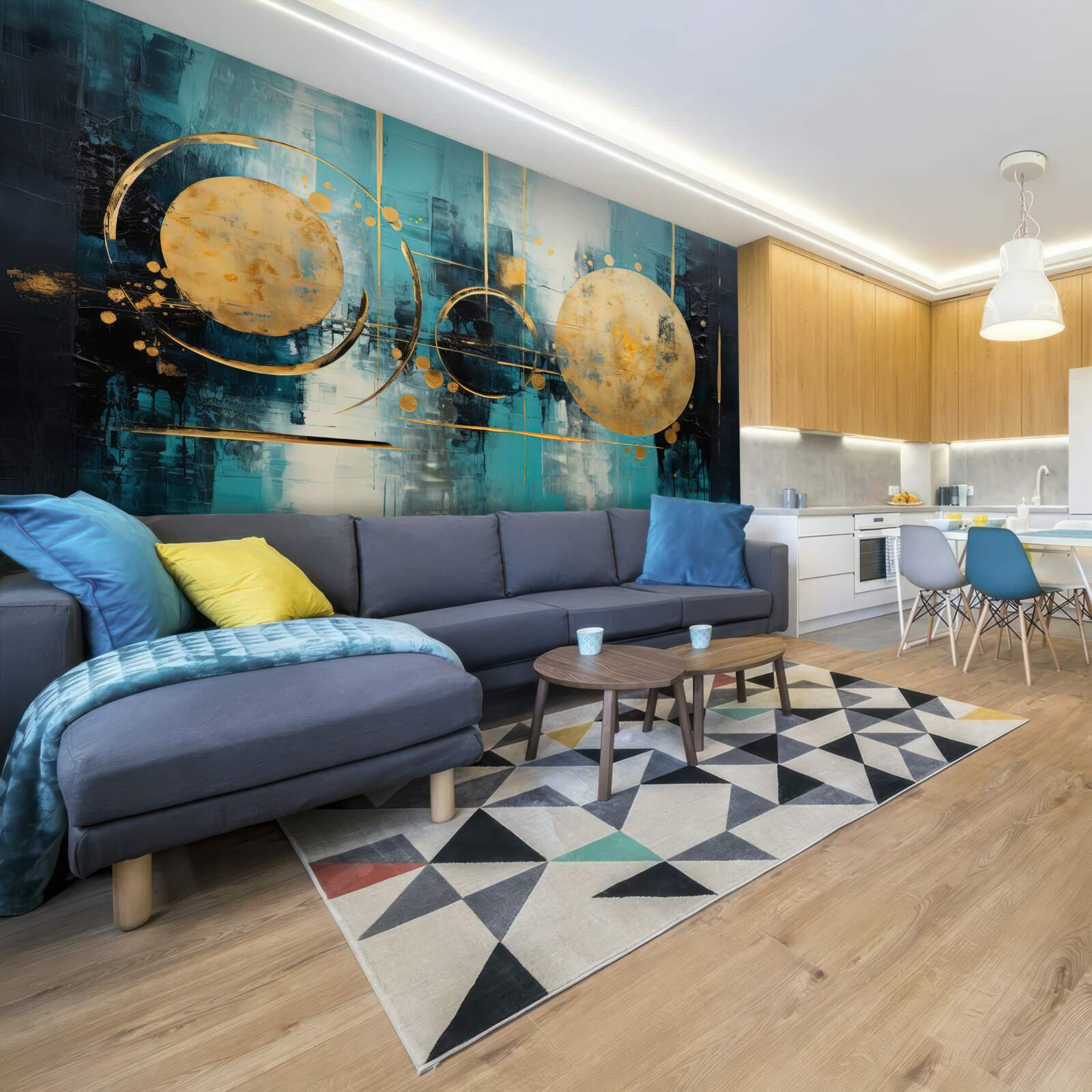 Papier peint abstrait dans les tons or et turquoise