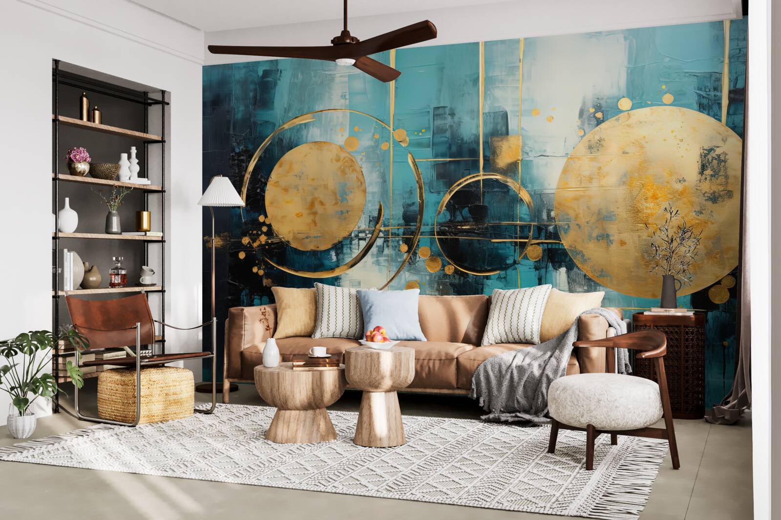 Papier peint abstrait dans les tons or et turquoise