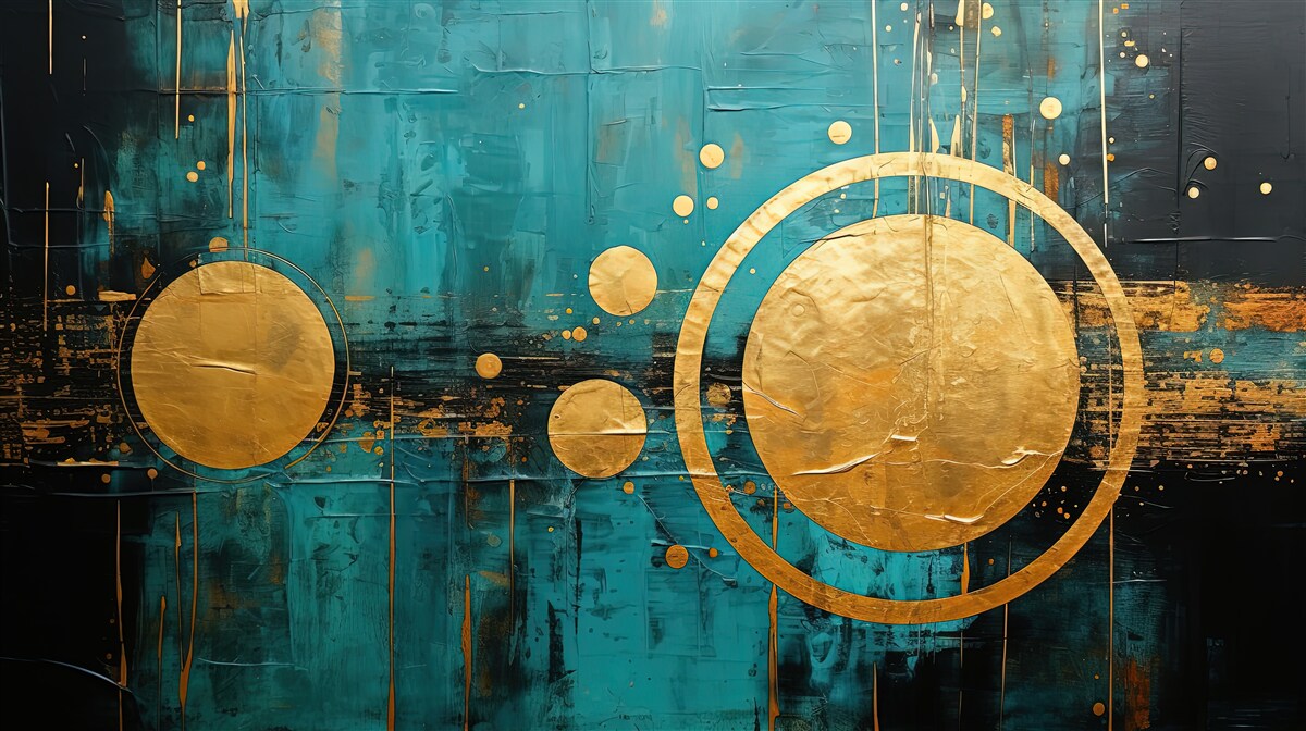 Papier peint fond turquoise avec cercles dorés
