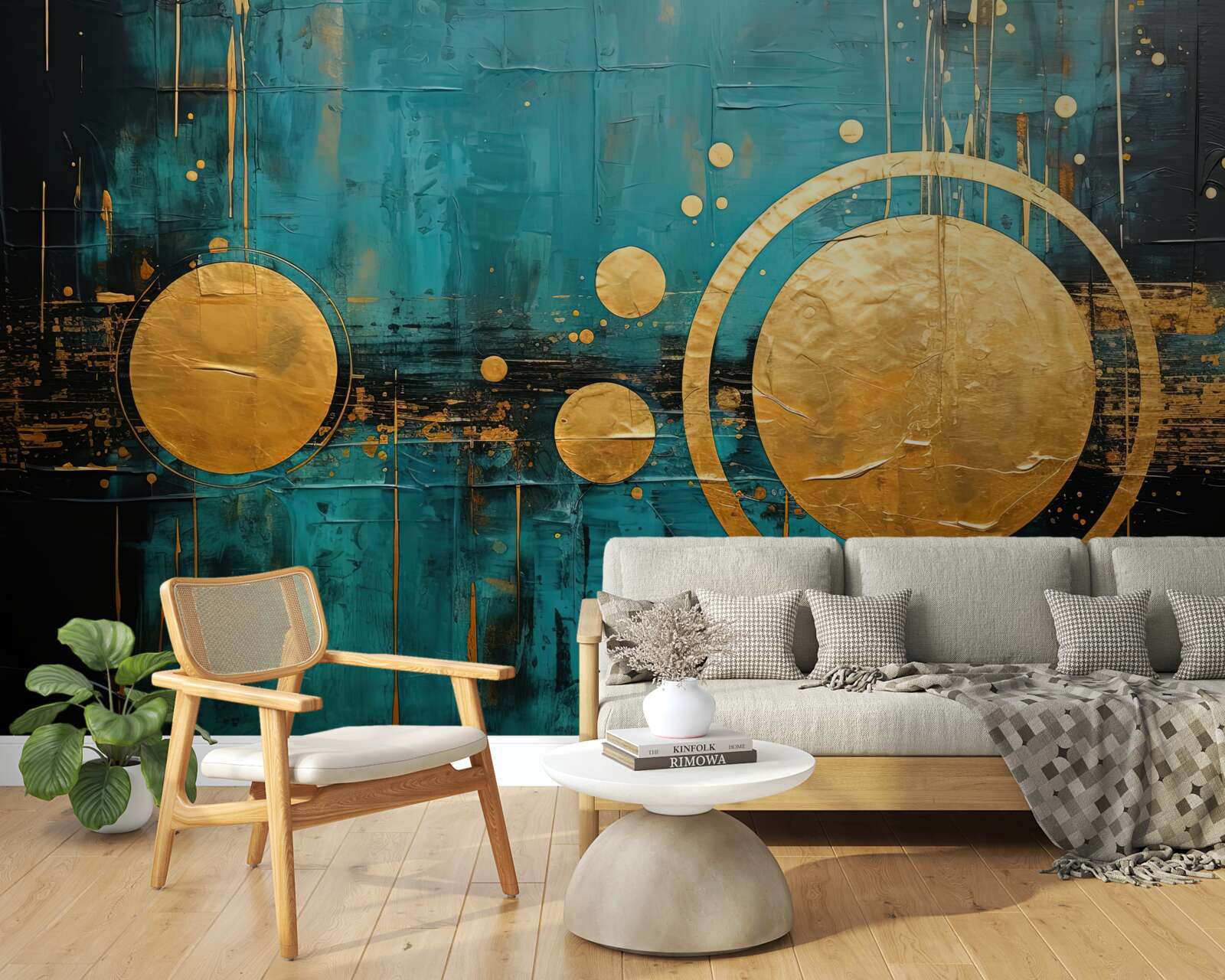 Papier peint fond turquoise avec cercles dorés