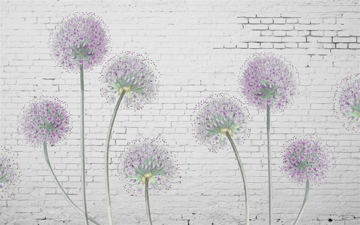 Papier peint grandes fleurs de pissenlit sur un mur de briques