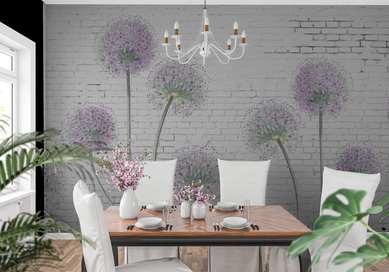 Papier peint grandes fleurs de pissenlit sur un mur de briques