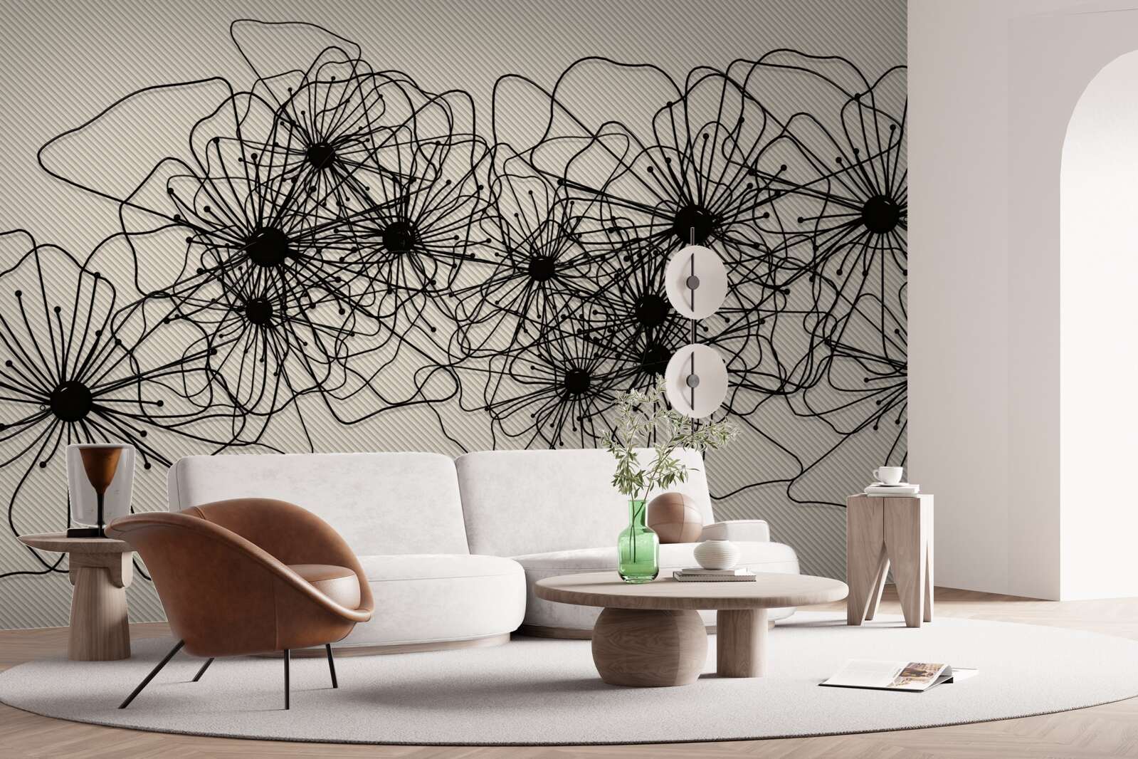 Papier peint fleurs de pavot abstraites sur fond brun