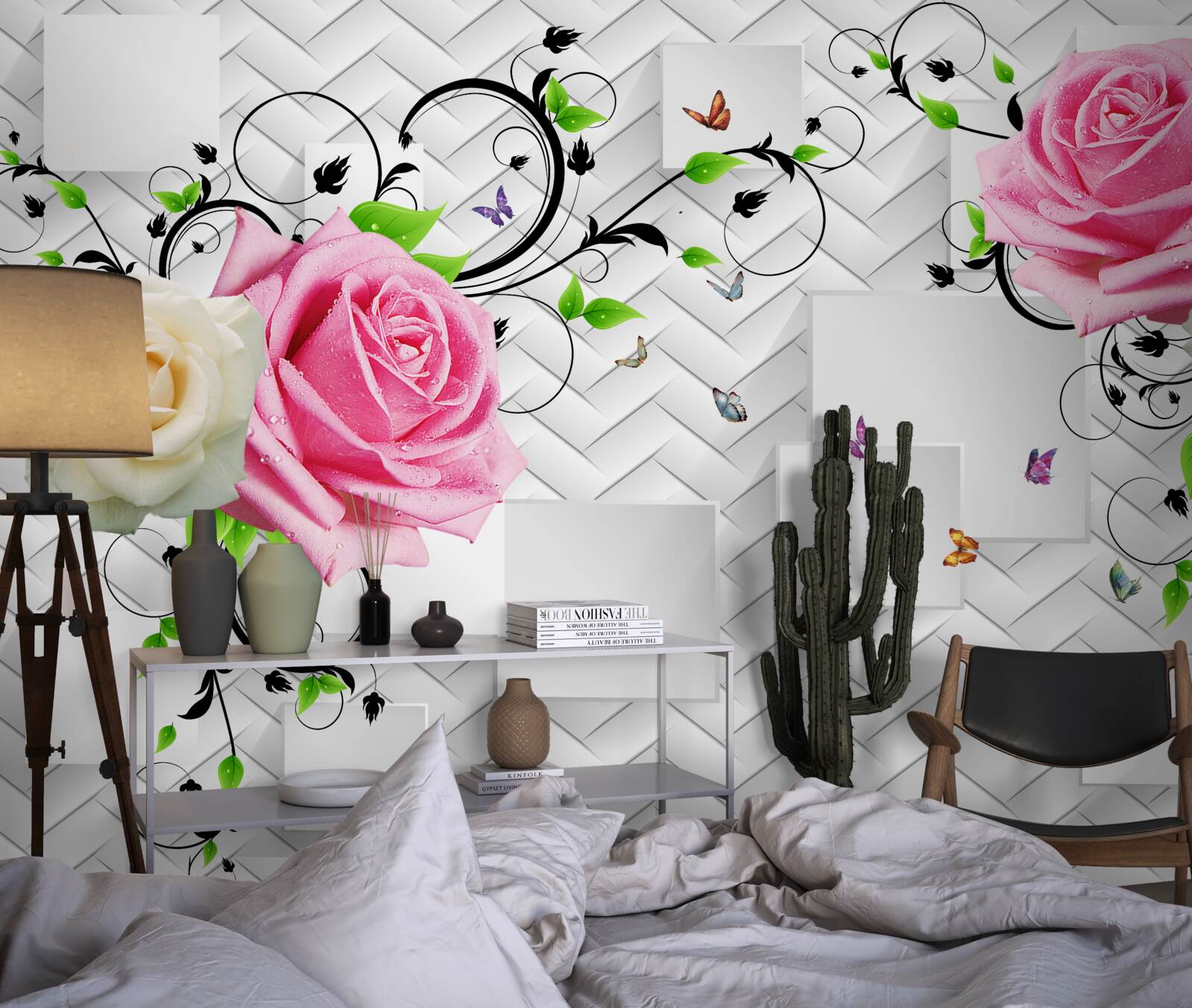 Papier peint roses blanches et roses sur fond abstrait