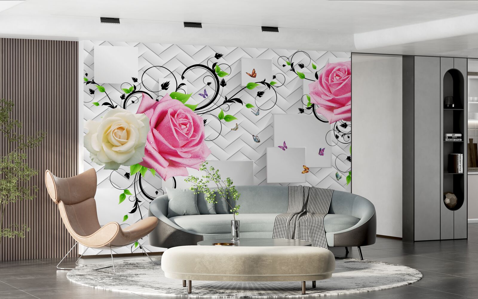Papier peint roses blanches et roses sur fond abstrait