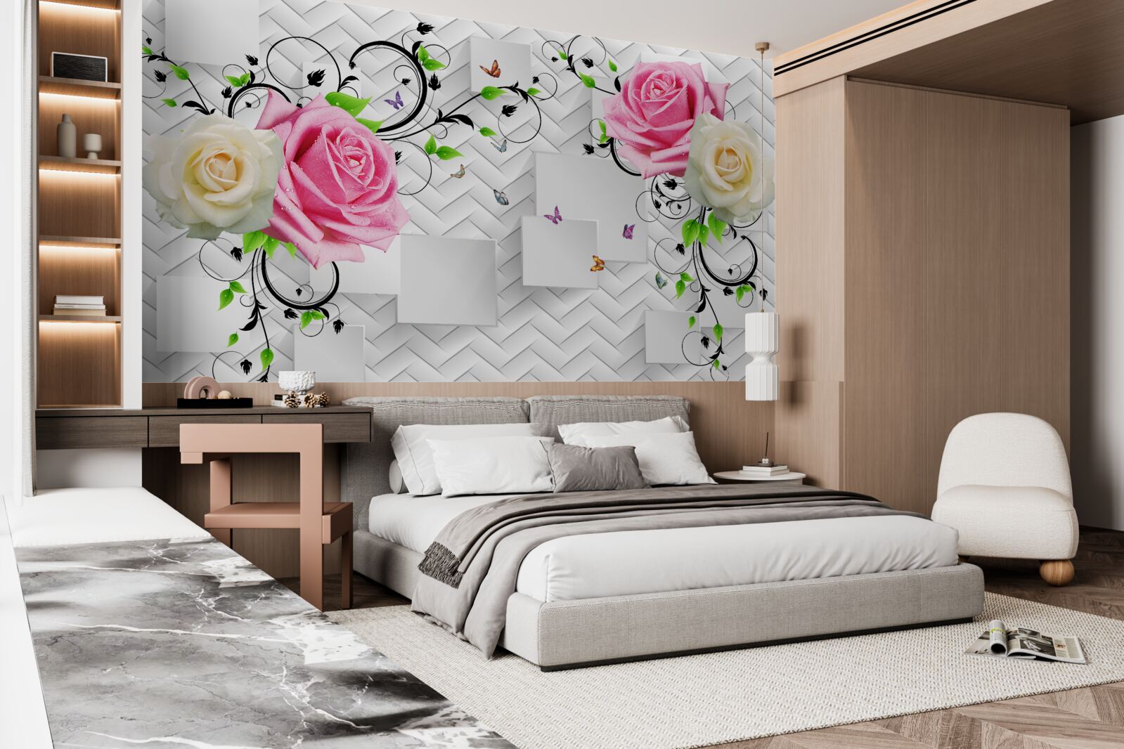 Papier peint roses blanches et roses sur fond abstrait