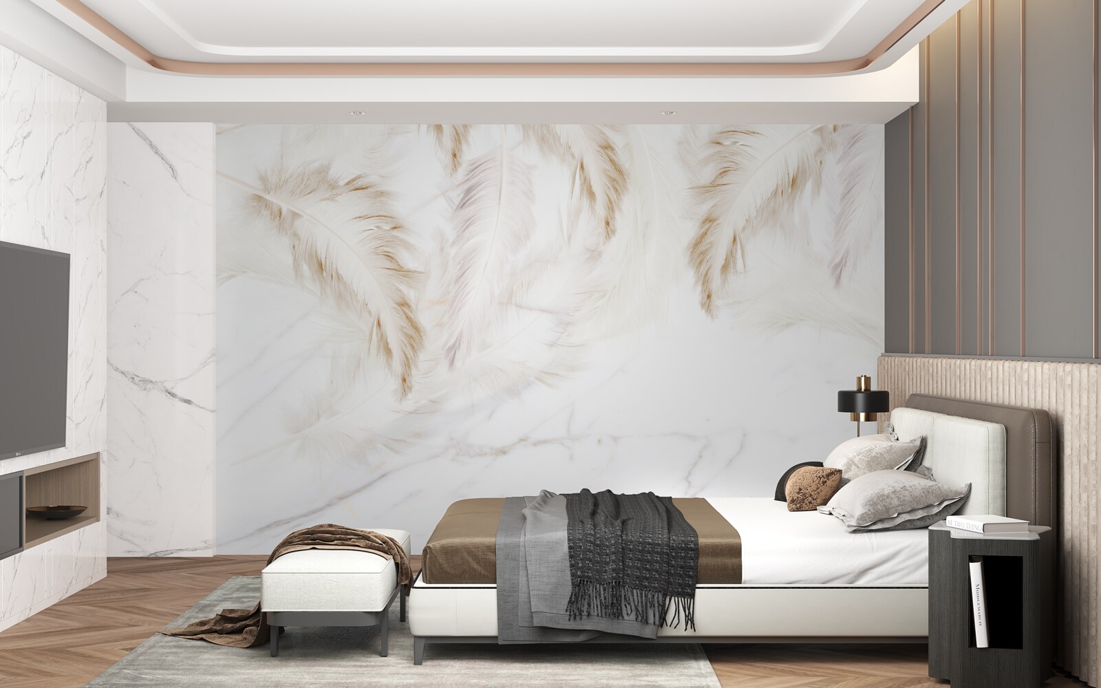 Papier peint fond clair avec des sections de plumes d'or