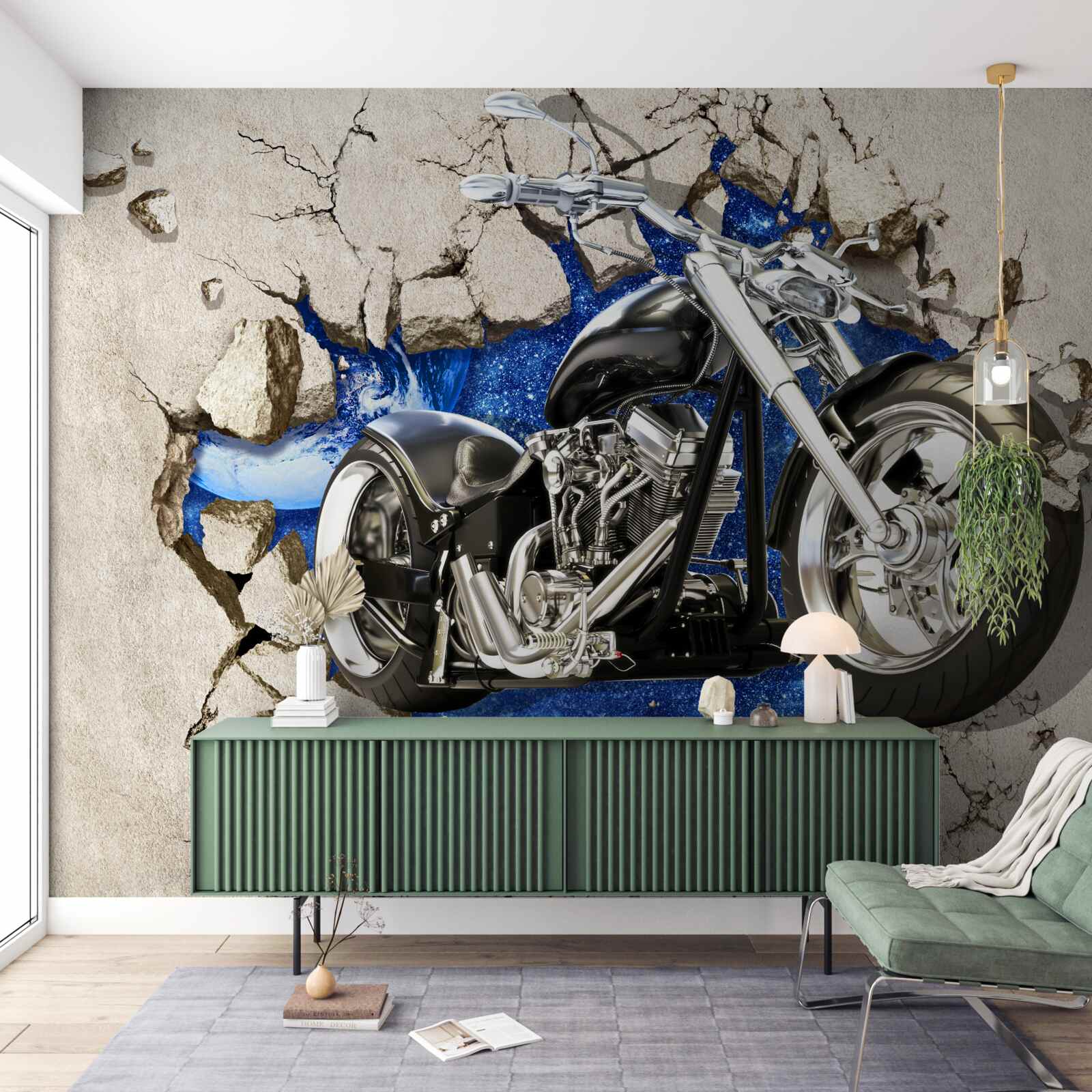 Papier peint moto noire représentée sur un mur