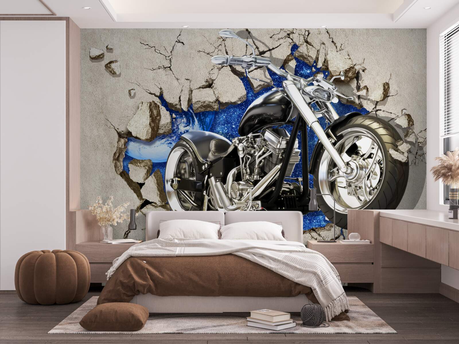 Papier peint moto noire représentée sur un mur
