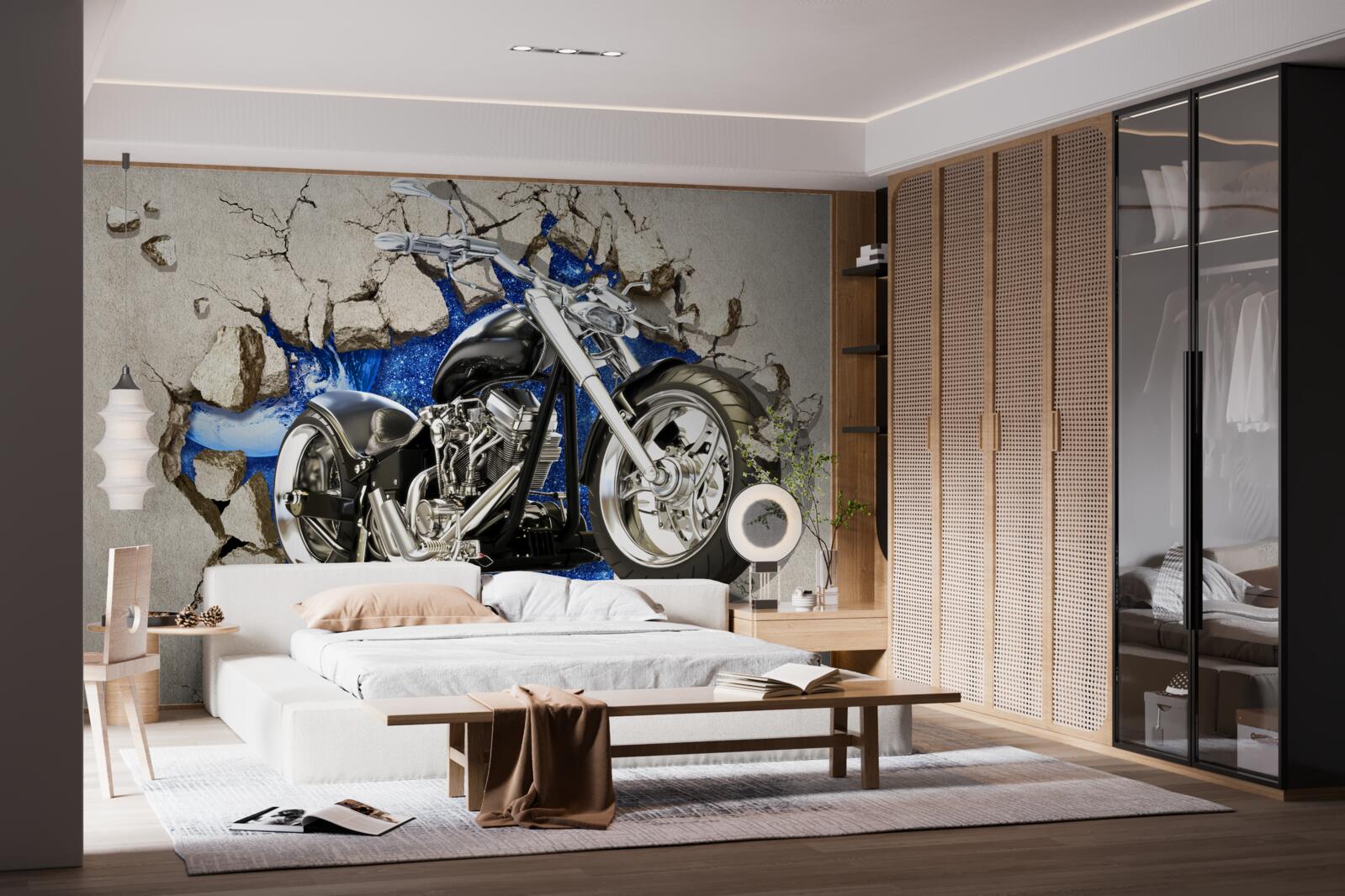 Papier peint moto noire représentée sur un mur