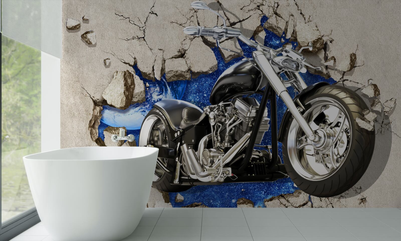 Papier peint moto noire représentée sur un mur