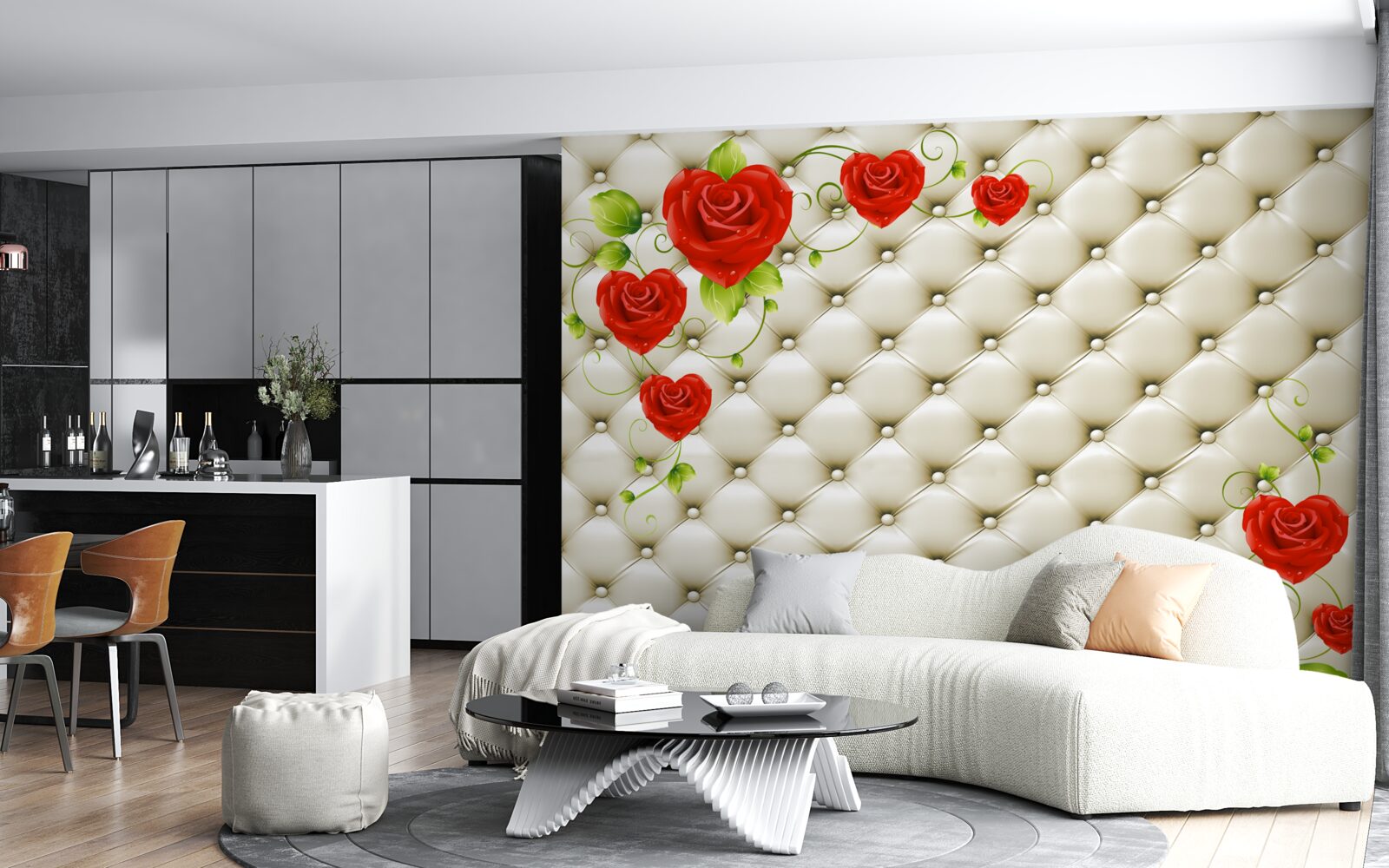 Papier peint texture de tissu avec éléments décoratifs et roses rouges