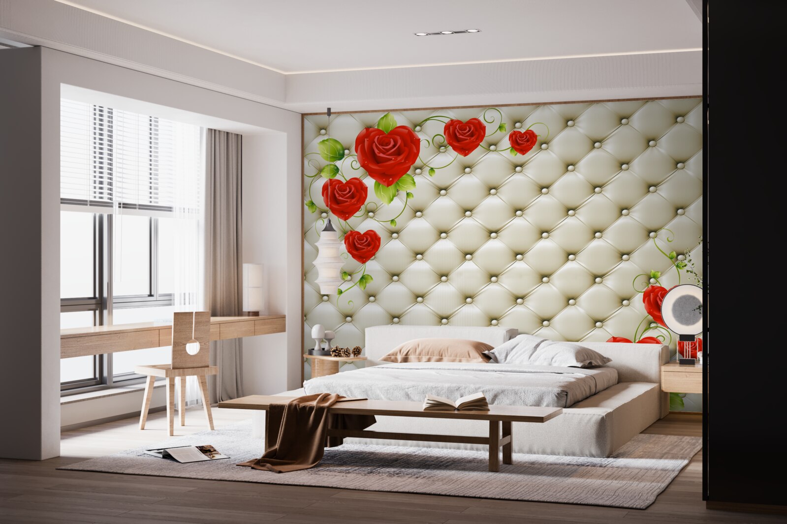 Papier peint texture de tissu avec éléments décoratifs et roses rouges