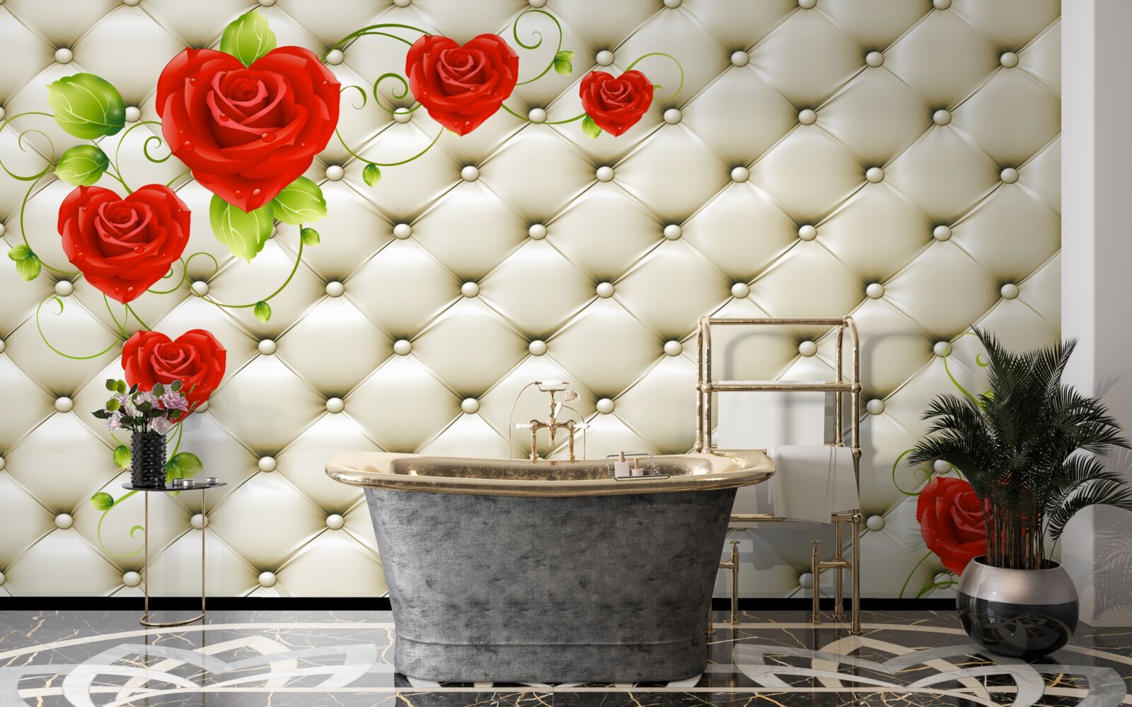 Papier peint texture de tissu avec éléments décoratifs et roses rouges