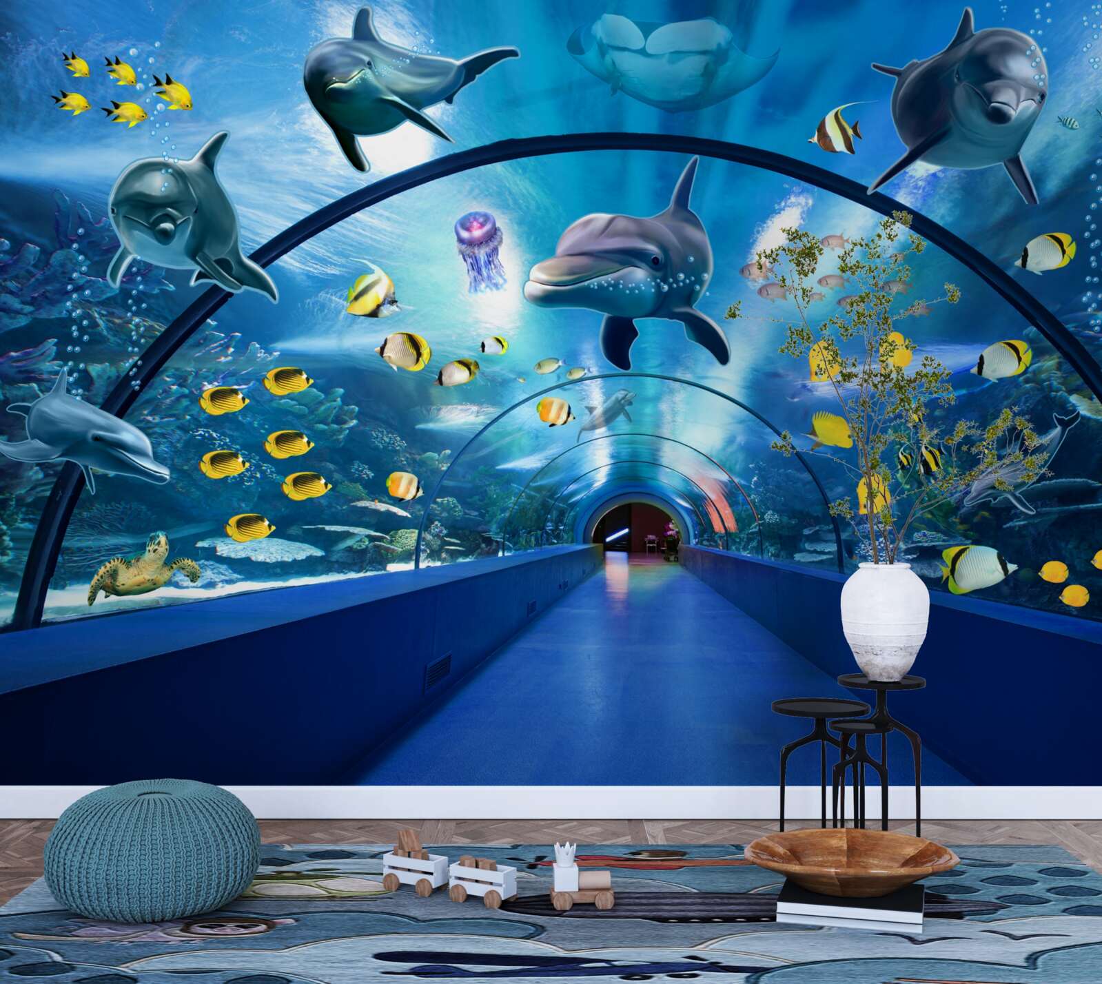 Papier peint il y a des dauphins et des poissons dans l'aquarium