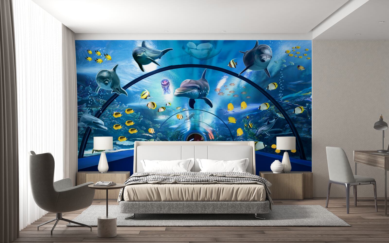 Papier peint il y a des dauphins et des poissons dans l'aquarium