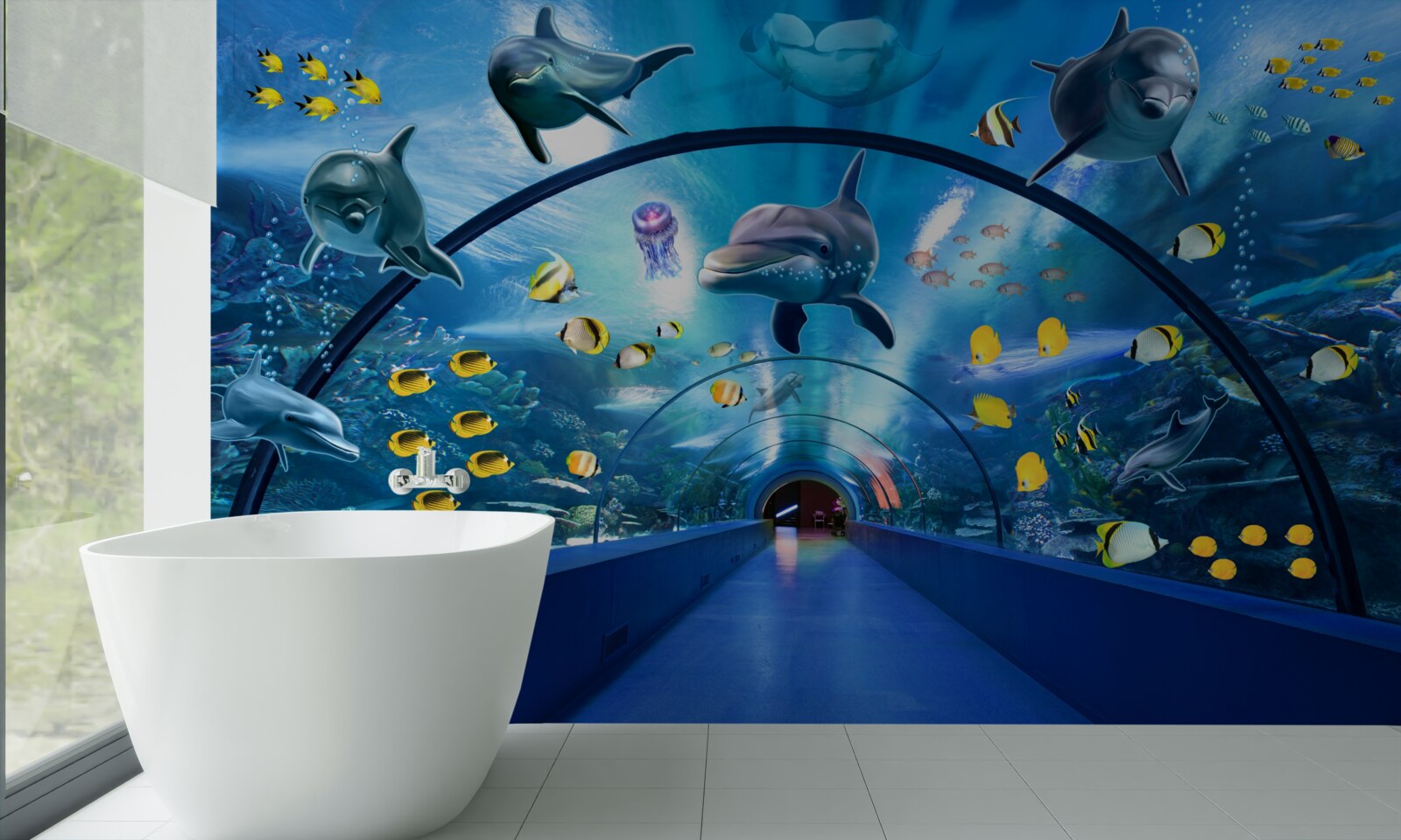 Papier peint il y a des dauphins et des poissons dans l'aquarium