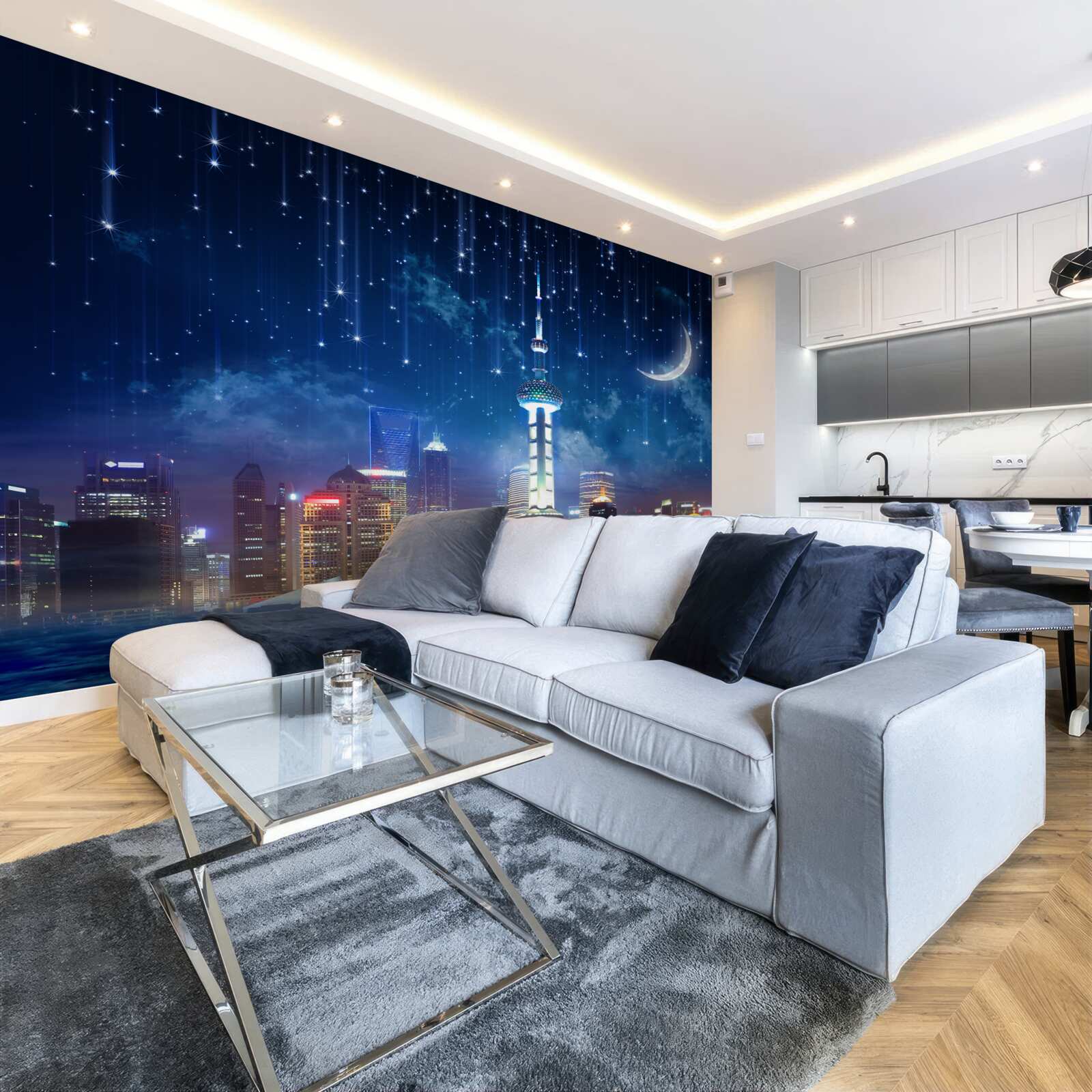 Papier peint shanghai la nuit pendant la saison des pluies