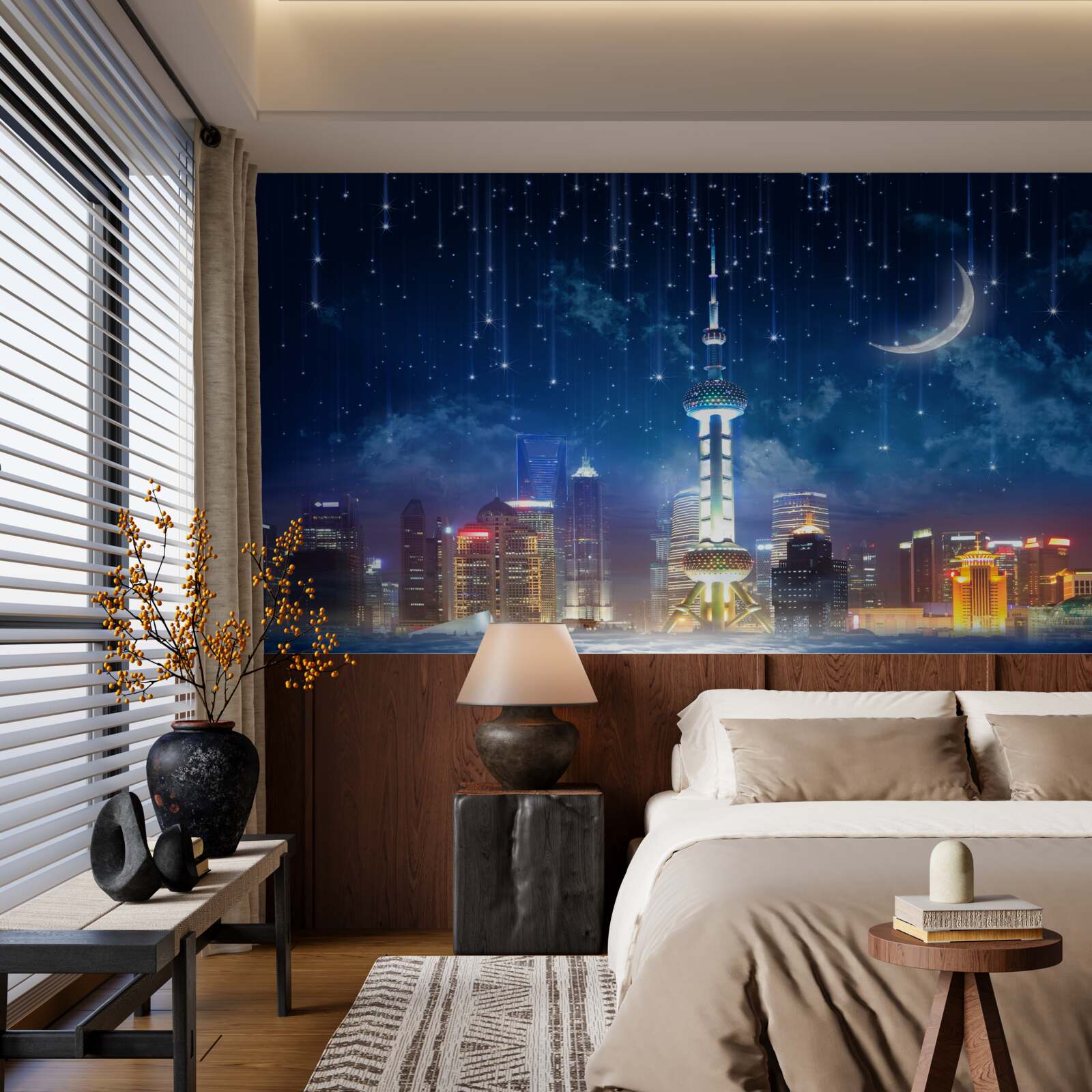 Papier peint shanghai la nuit pendant la saison des pluies