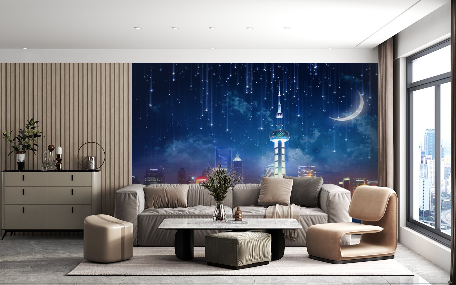 Papier peint shanghai la nuit pendant la saison des pluies