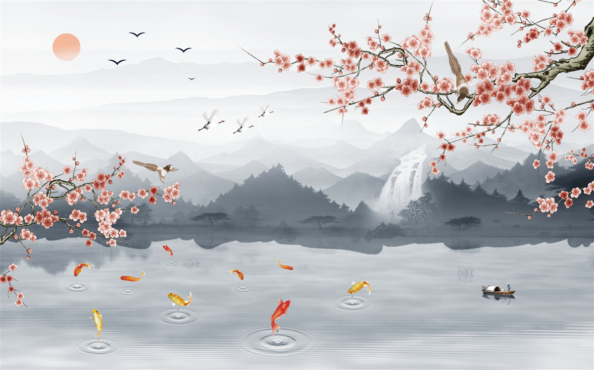Papier peint sakura fleurissant au pied des montagnes et près de l'eau
