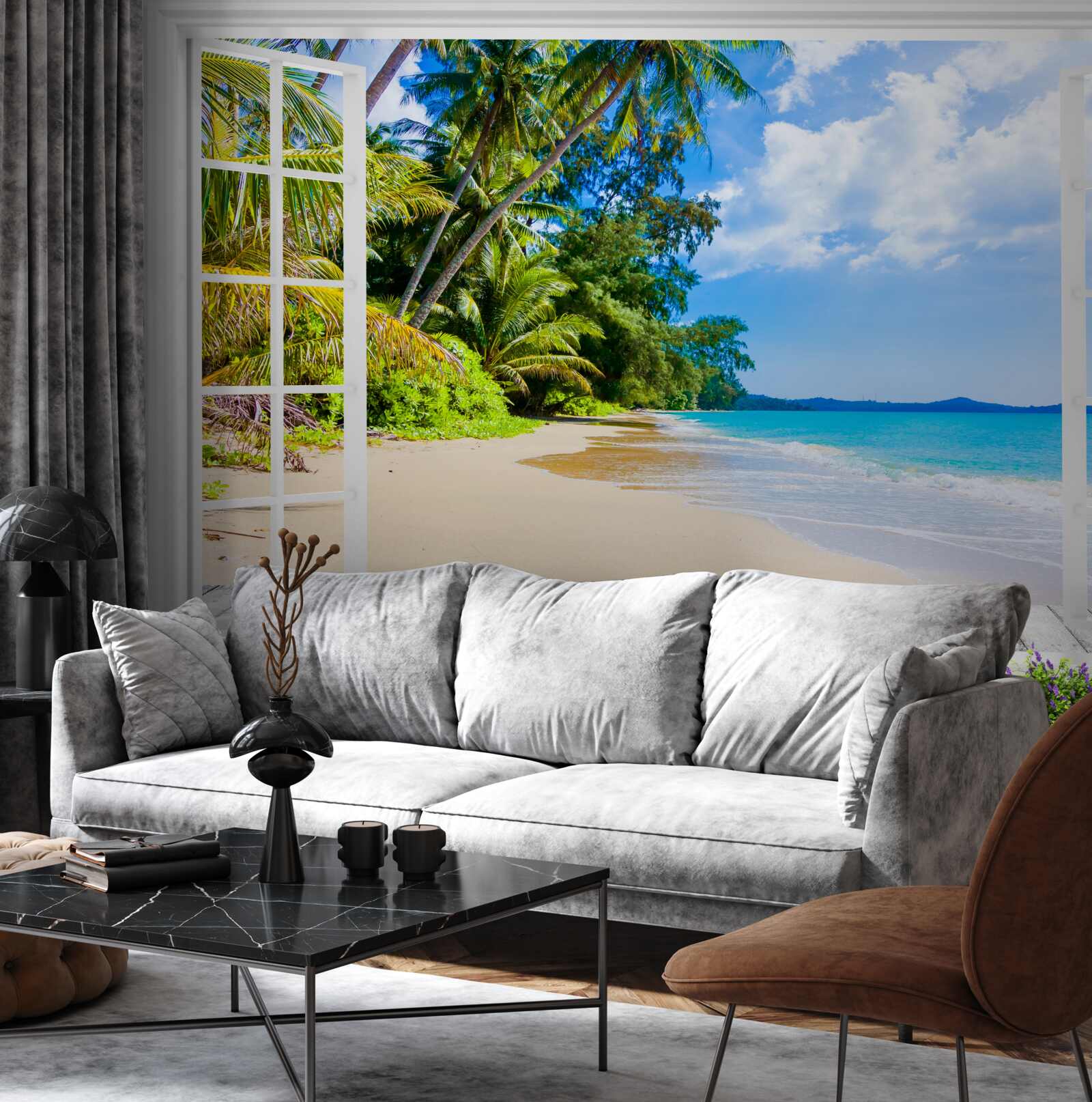 Papier peint une vue panoramique de la plage depuis la fenêtre