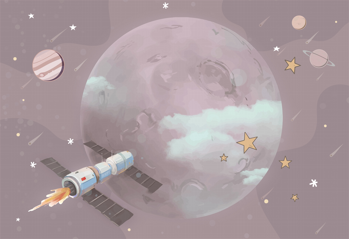 Papier peint Un vaisseau spatial s'approche d'une planète