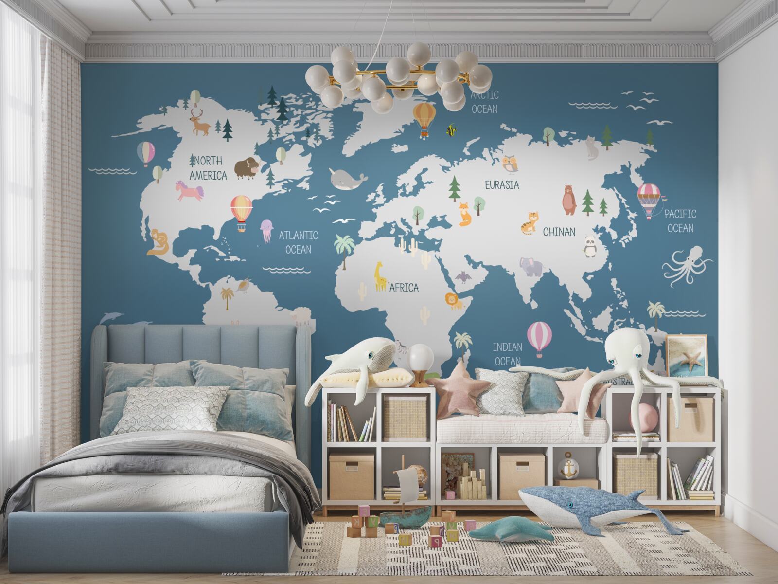 Papier peint carte du monde sur fond bleu foncé
