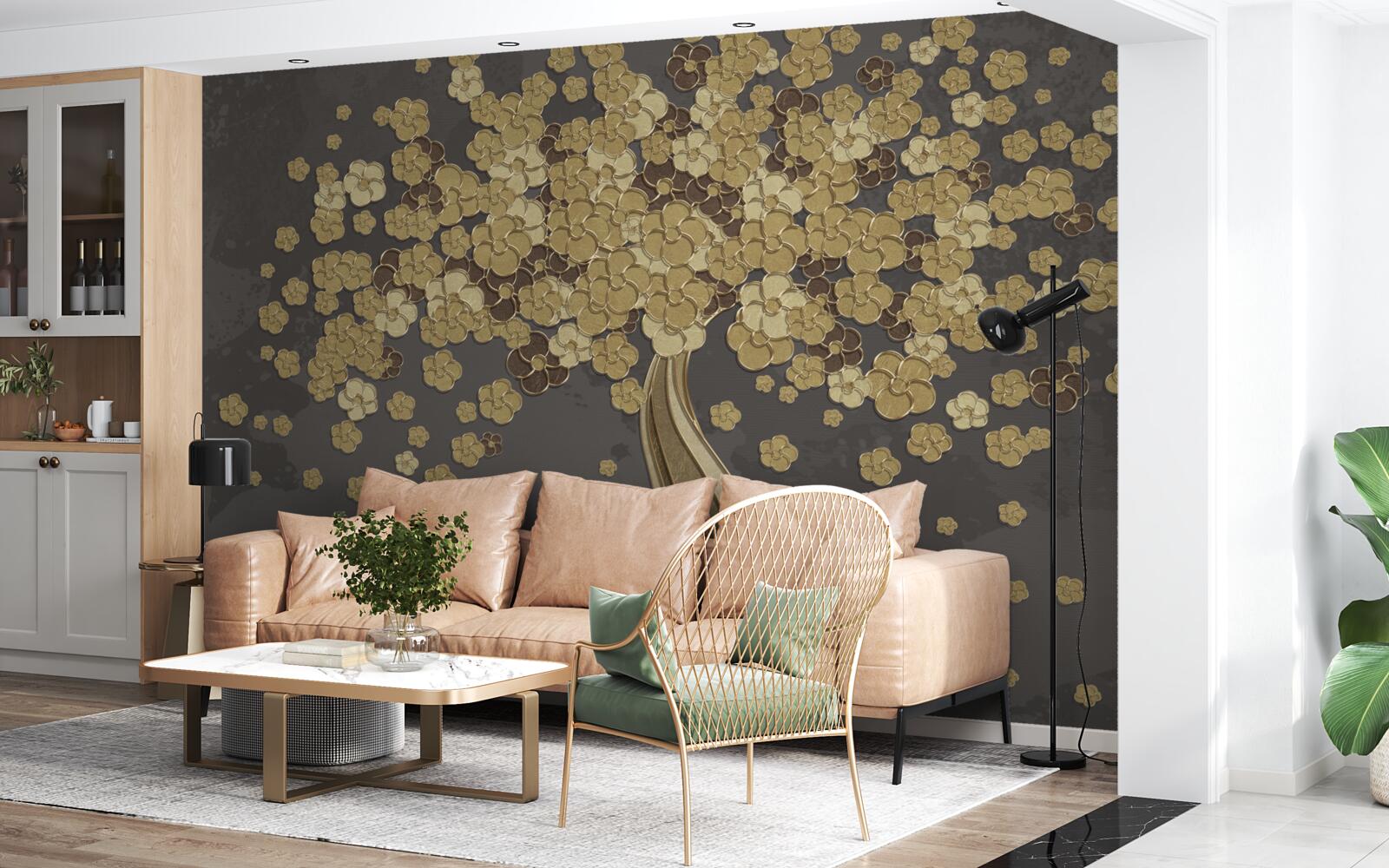 Papier peint arbre de nuit fleurissant d'or