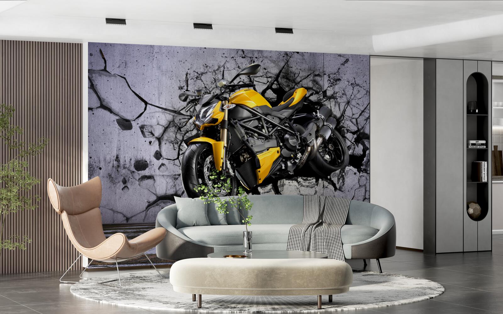 Papier peint Moto jaune sur graffiti