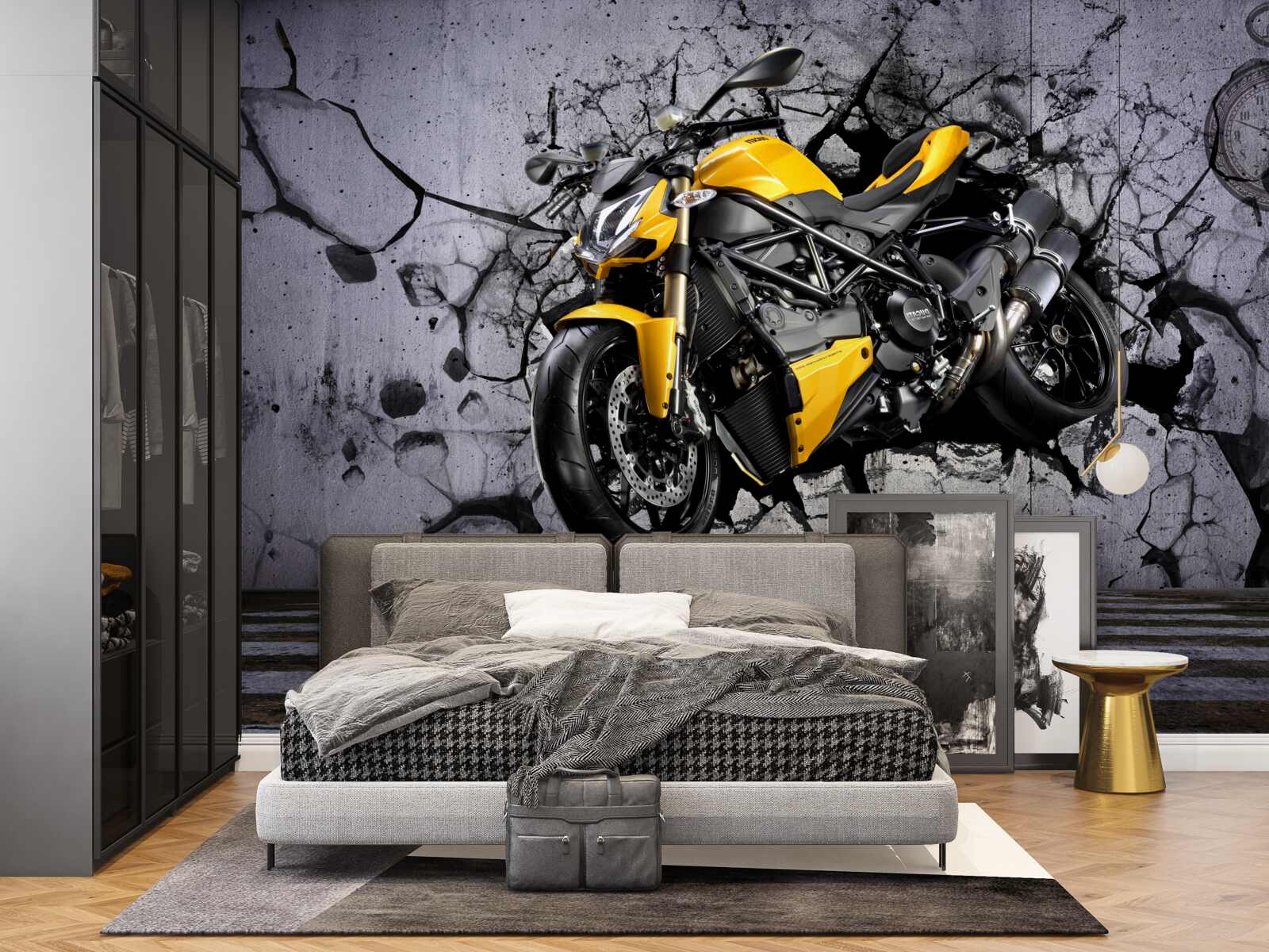 Papier peint Moto jaune sur graffiti